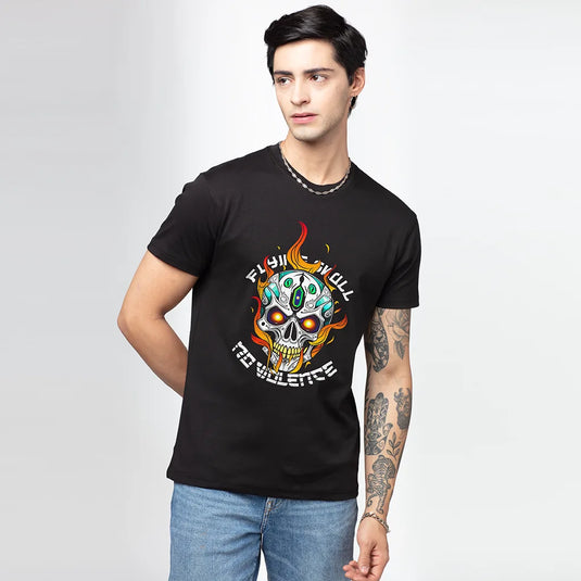 Flying Skull Men's Black Round Neck Graphic Printed T-Shirt