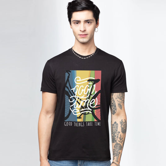 Good Time Graphic Design Printed Black T-Shirt for Men