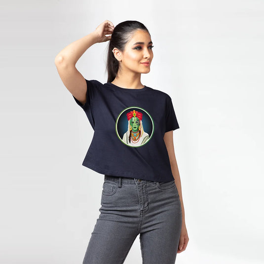 Indian Nebula Women's Navy Blue Graphic Printed Croptop