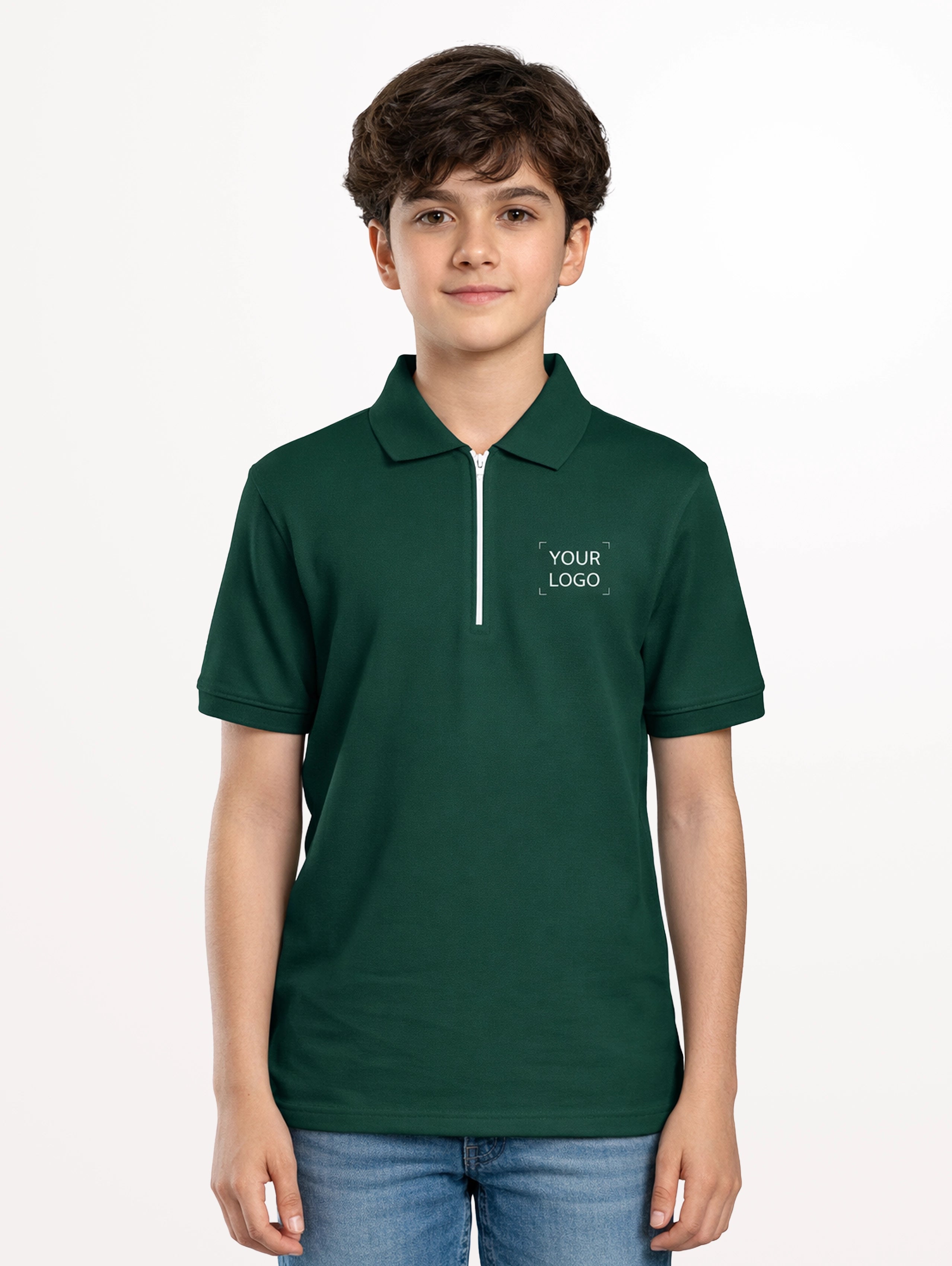 Junior's Cotton Zipper Polo - Bottle Green