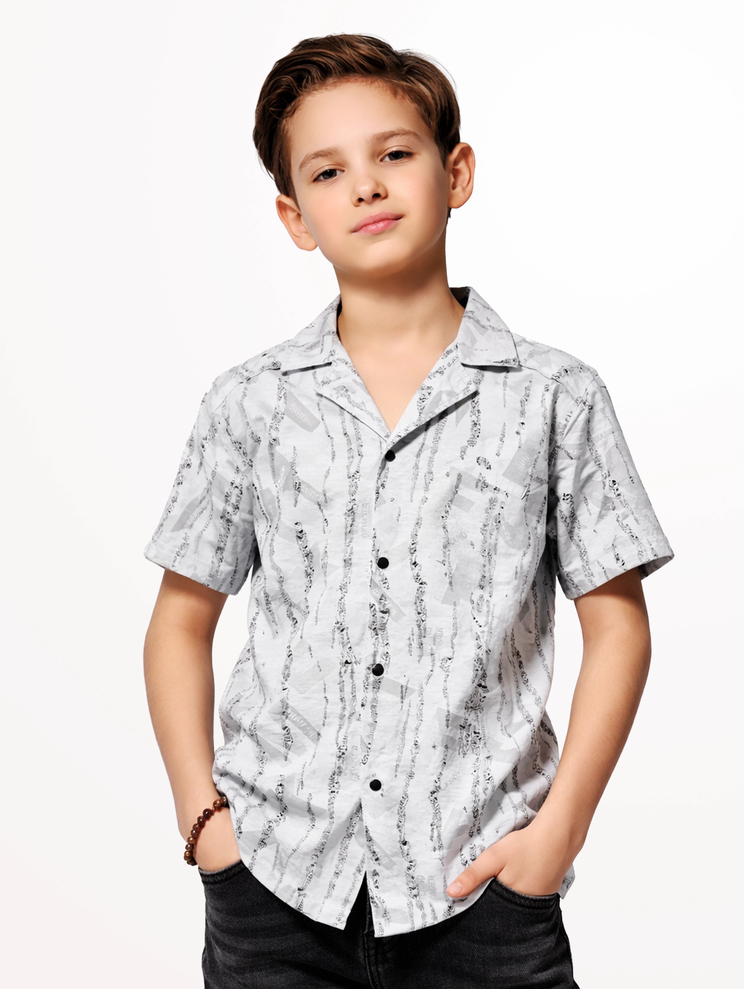 Junior's Rugs Printed Cuban Collar Shirt - Grey