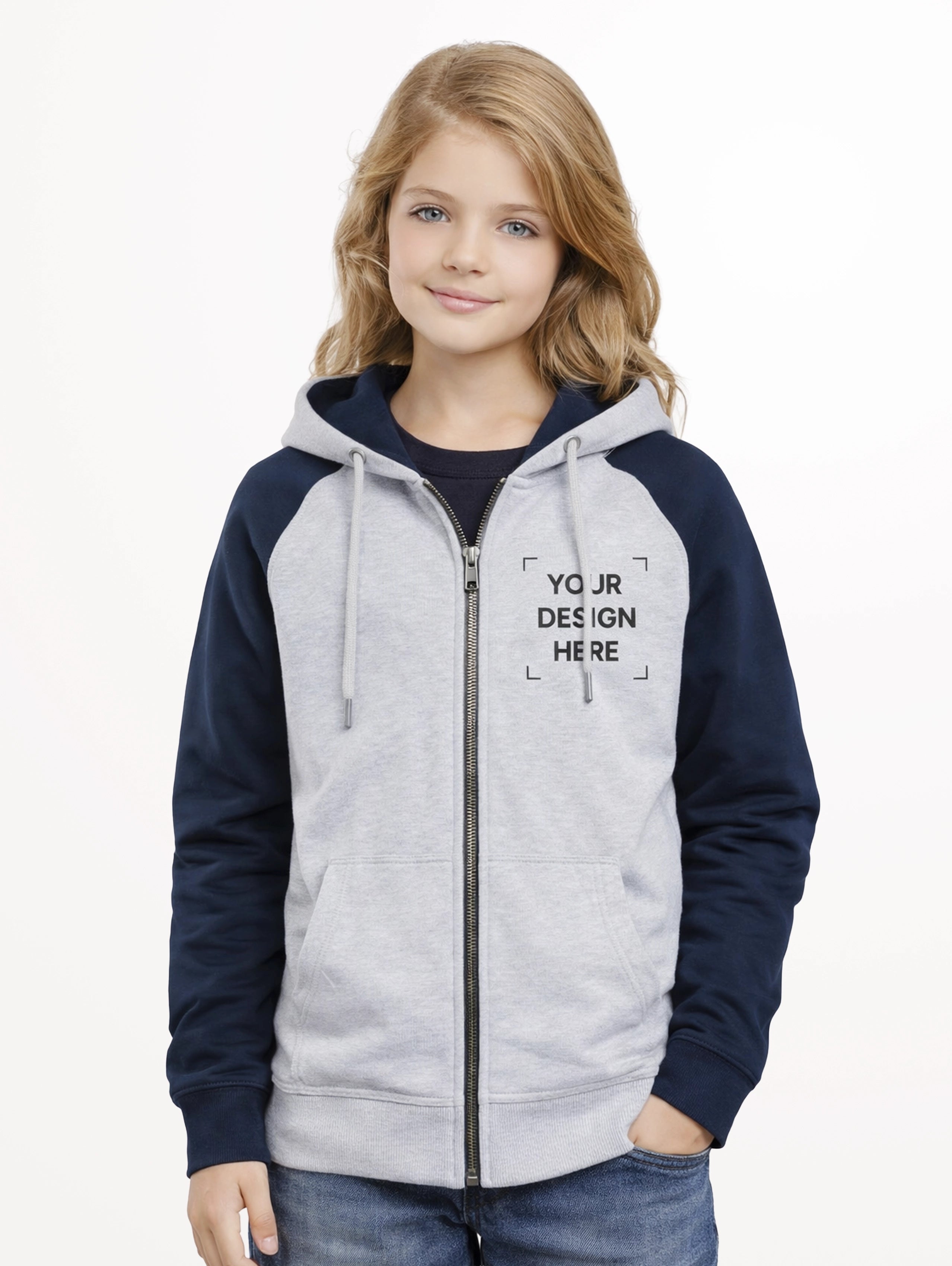 Junior's Cotton Raglan Sleeve Zipper Hoodie - Grey Melange