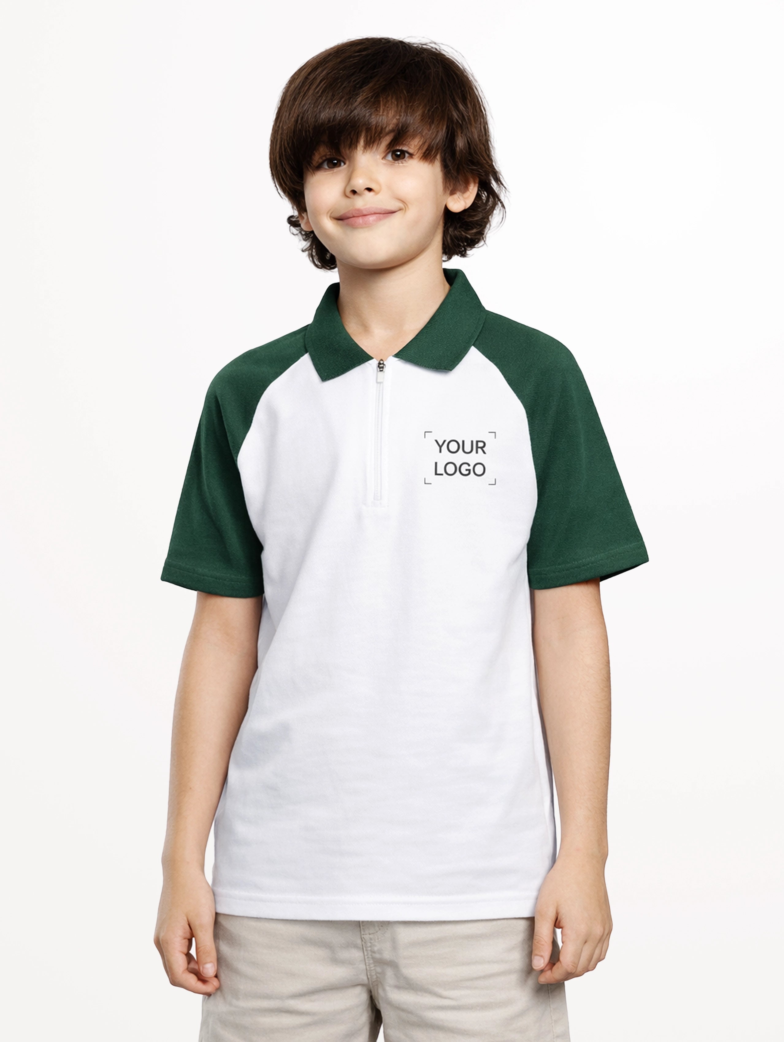 Junior's Cotton Raglan Sleeve Zipper Polo - White