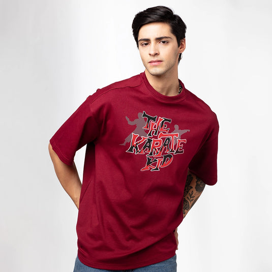 Karate Kid Men's Maroon Oversized Graphic Printed T-Shirt