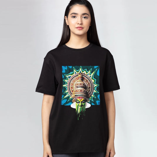 Kathakali Trance Printed Oversized Black T-Shirt for Women