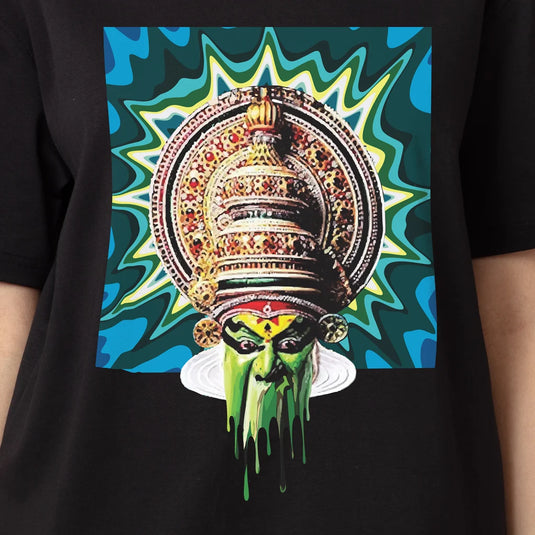 Kathakali Trance Printed Oversized Black T-Shirt for Women