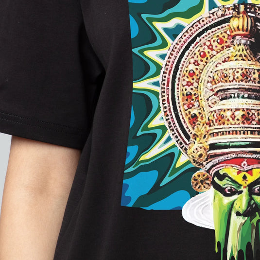 Kathakali Trance Printed Oversized Black T-Shirt for Women