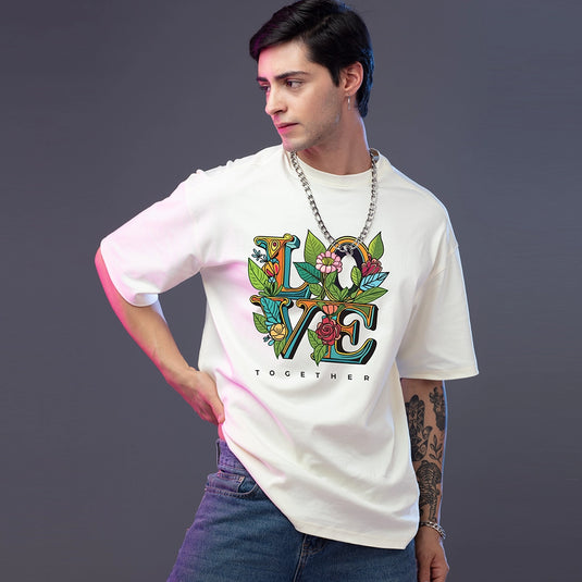 Love Floral Graphic Printed Oversized T-Shirts for Mens