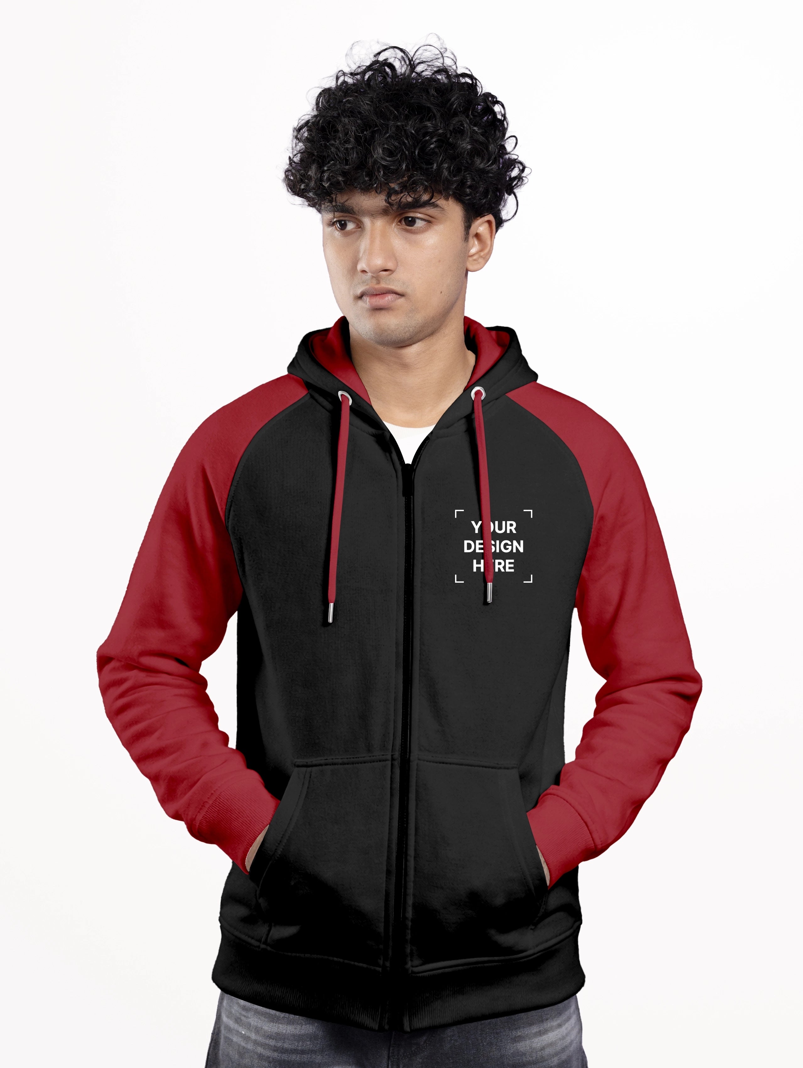 Men's Cotton Raglan Sleeve Zipper Hoodie - Black