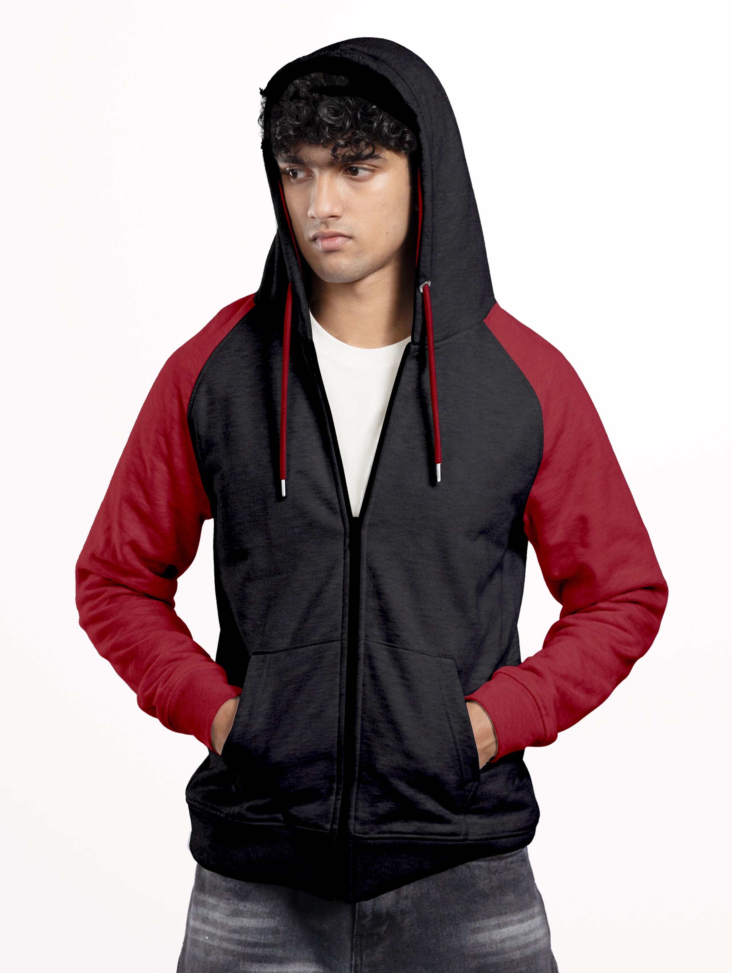 Men's Cotton Raglan Sleeve Zipper Hoodie - Black
