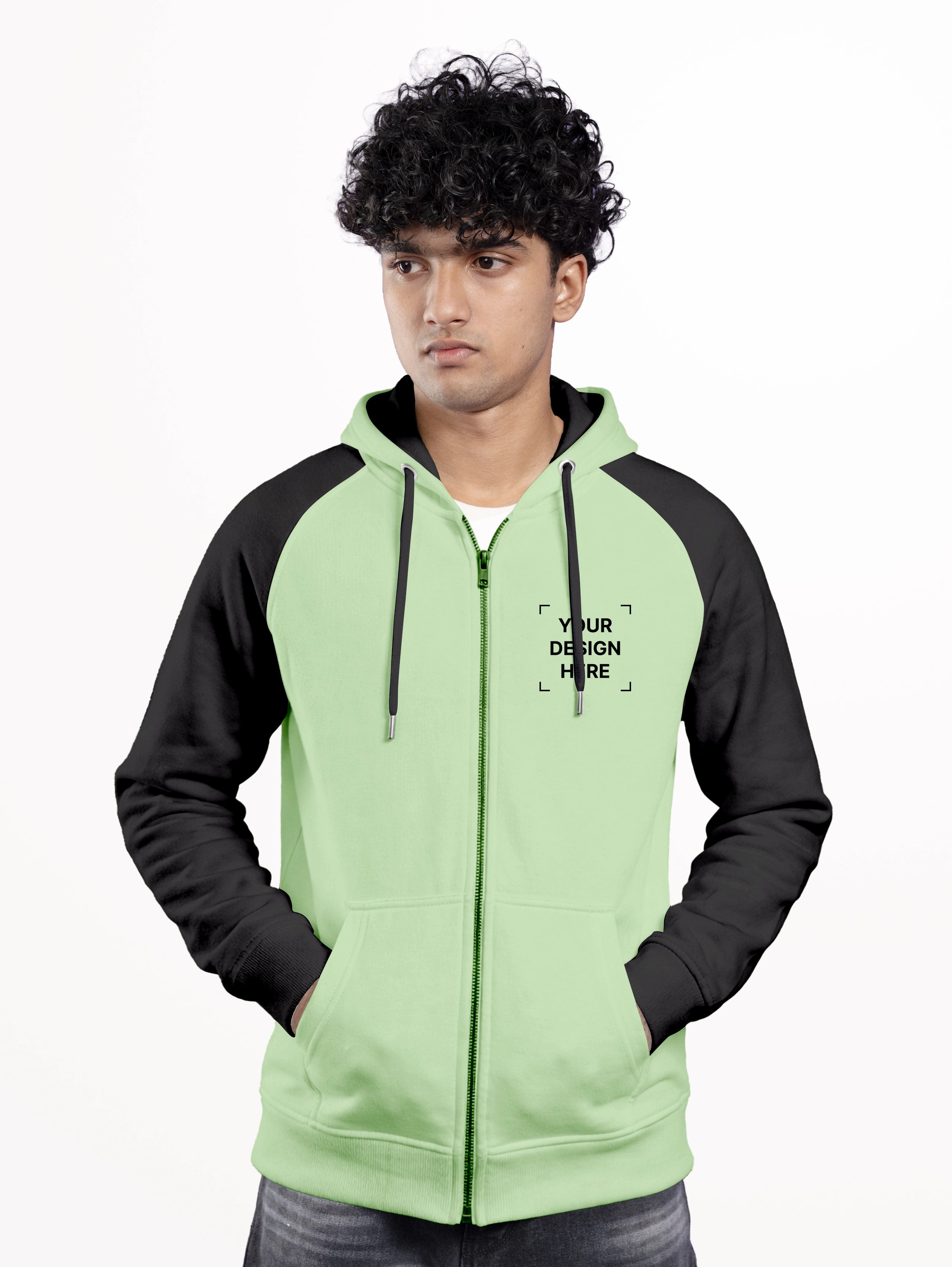 Men's Cotton Raglan Sleeve Zipper Hoodie - Light Green