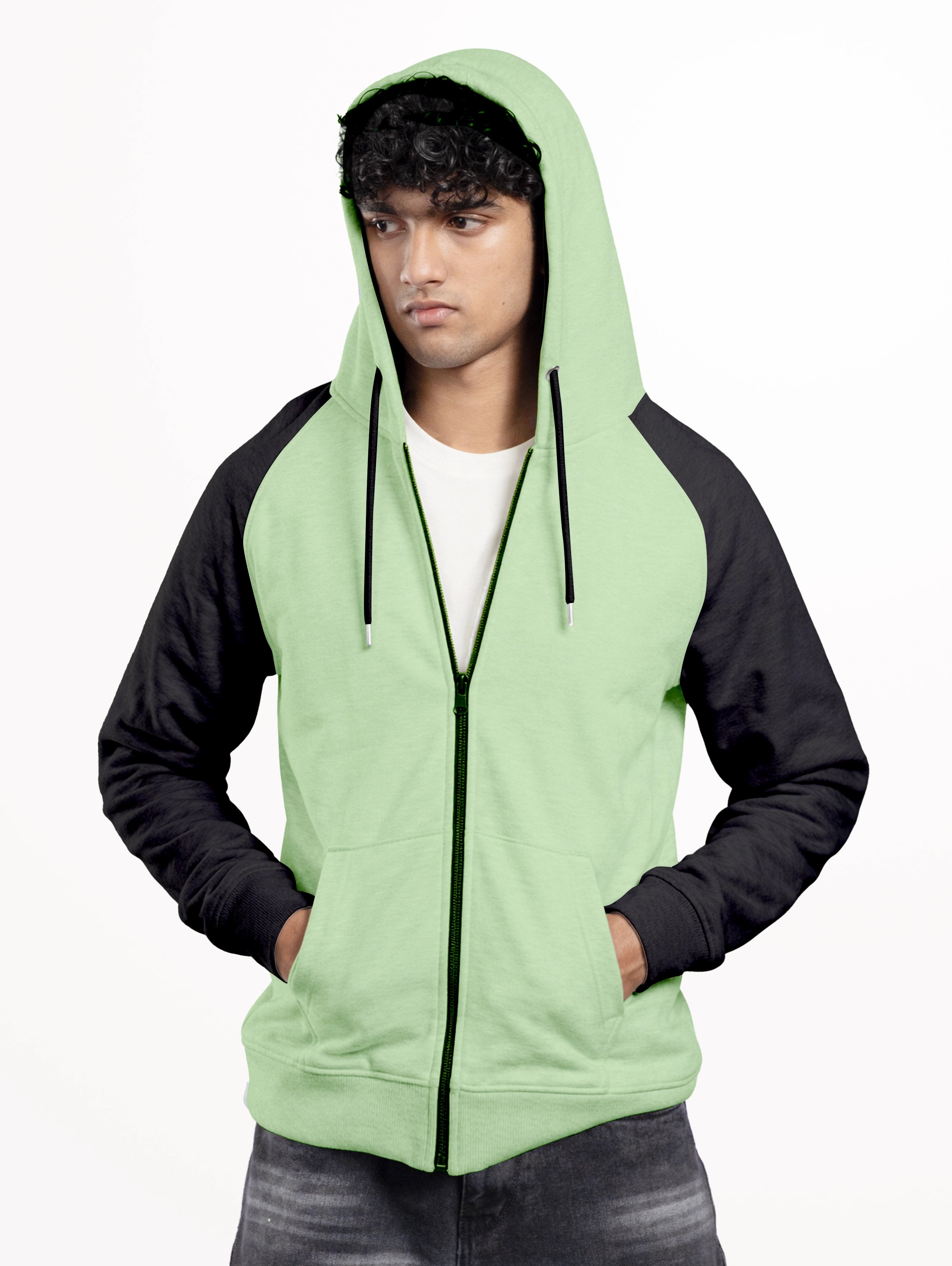 Men's Cotton Raglan Sleeve Zipper Hoodie - Light Green