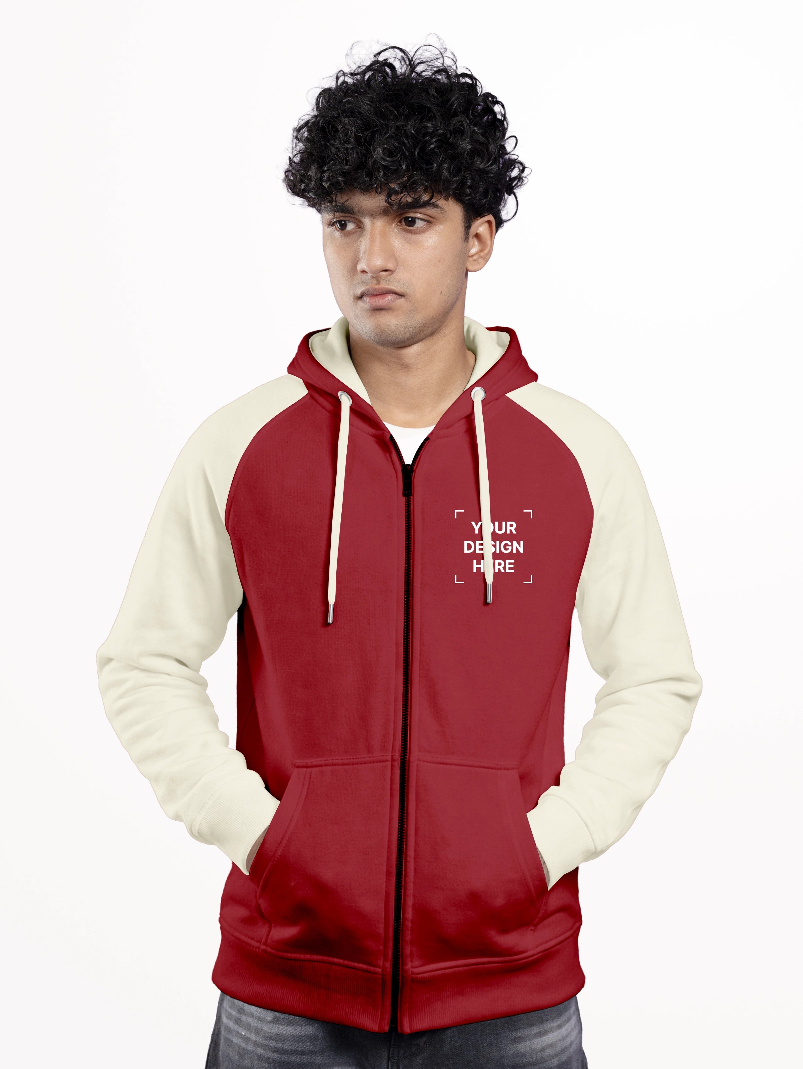 Men's Cotton Raglan Sleeve Zipper Hoodie - Maroon