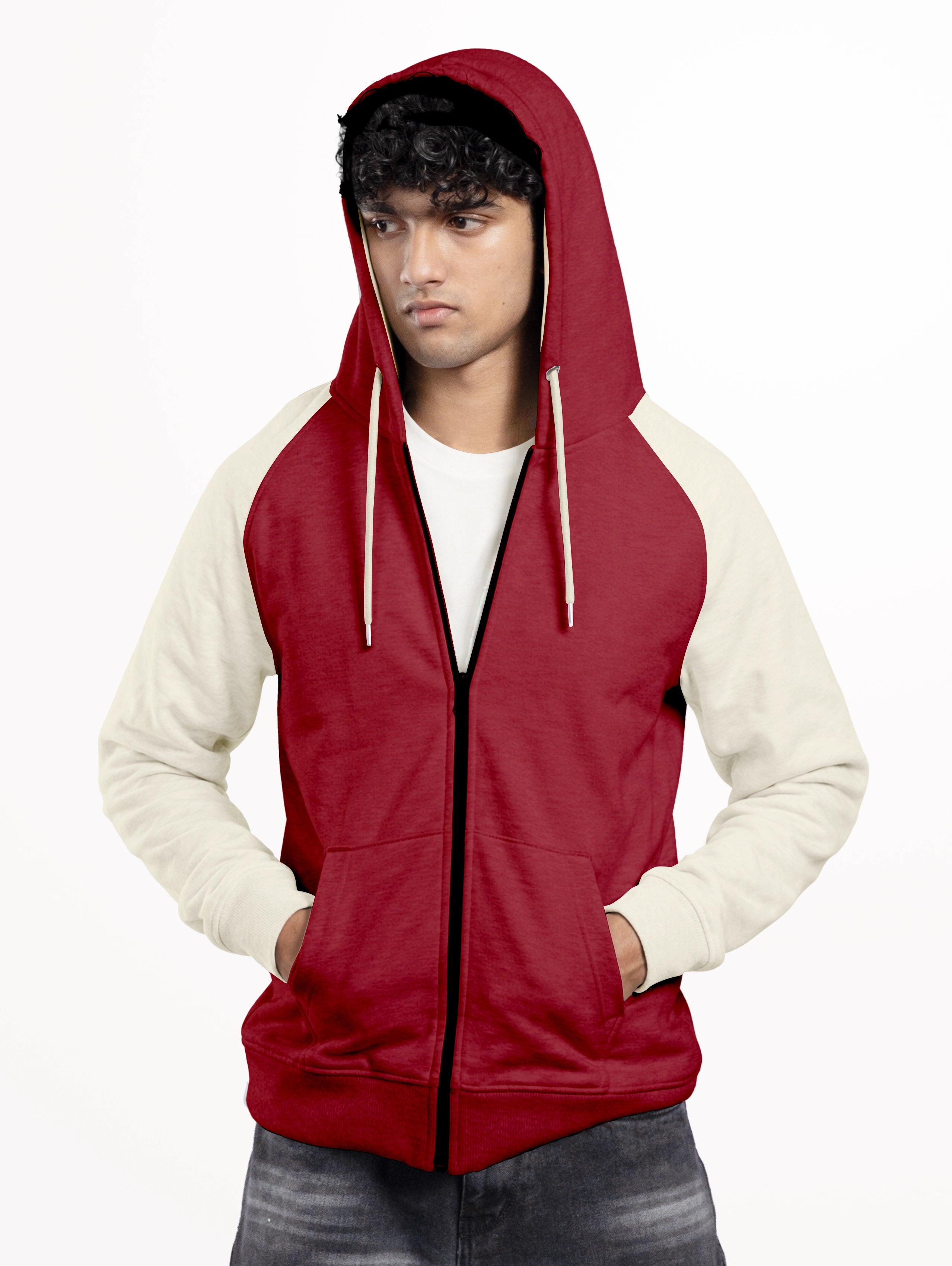 Men's Cotton Raglan Sleeve Zipper Hoodie - Maroon