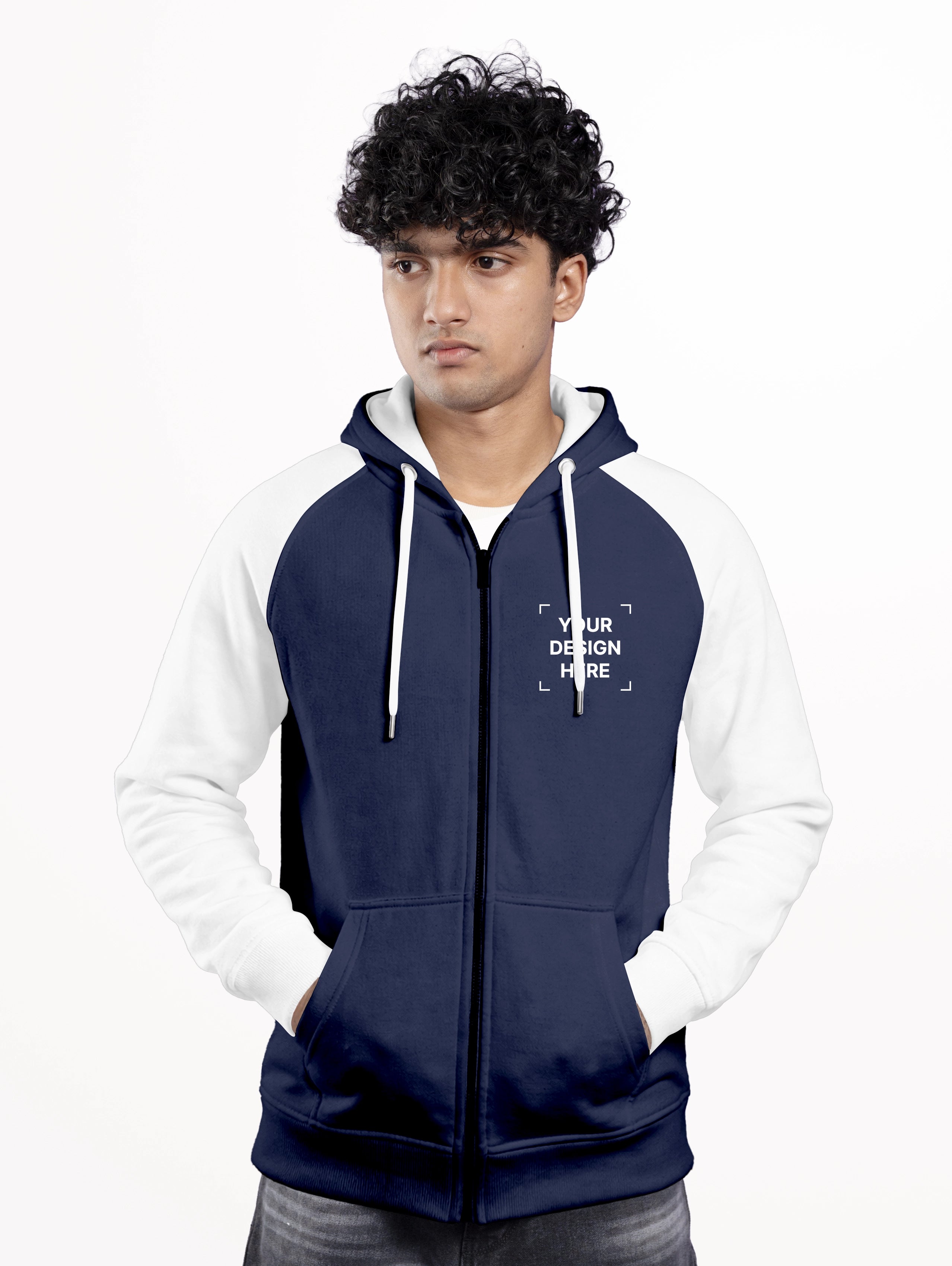Men's Cotton Raglan Sleeve Zipper Hoodie - Navy