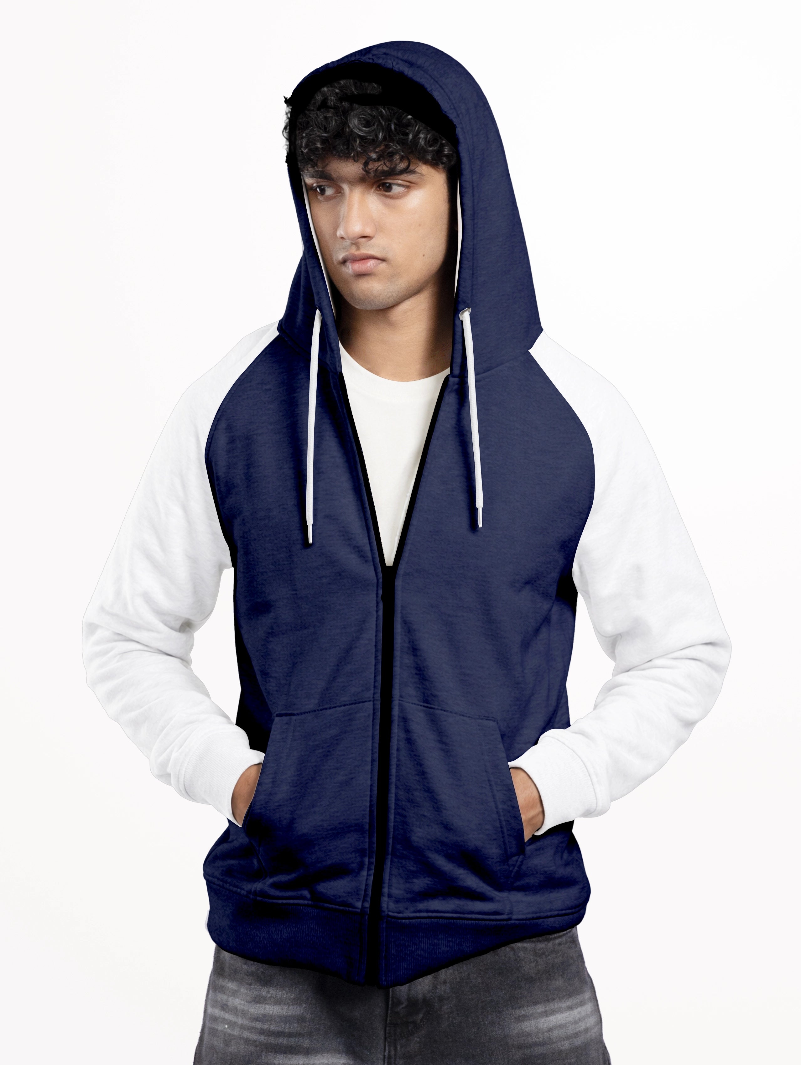 Men's Cotton Raglan Sleeve Zipper Hoodie - Navy