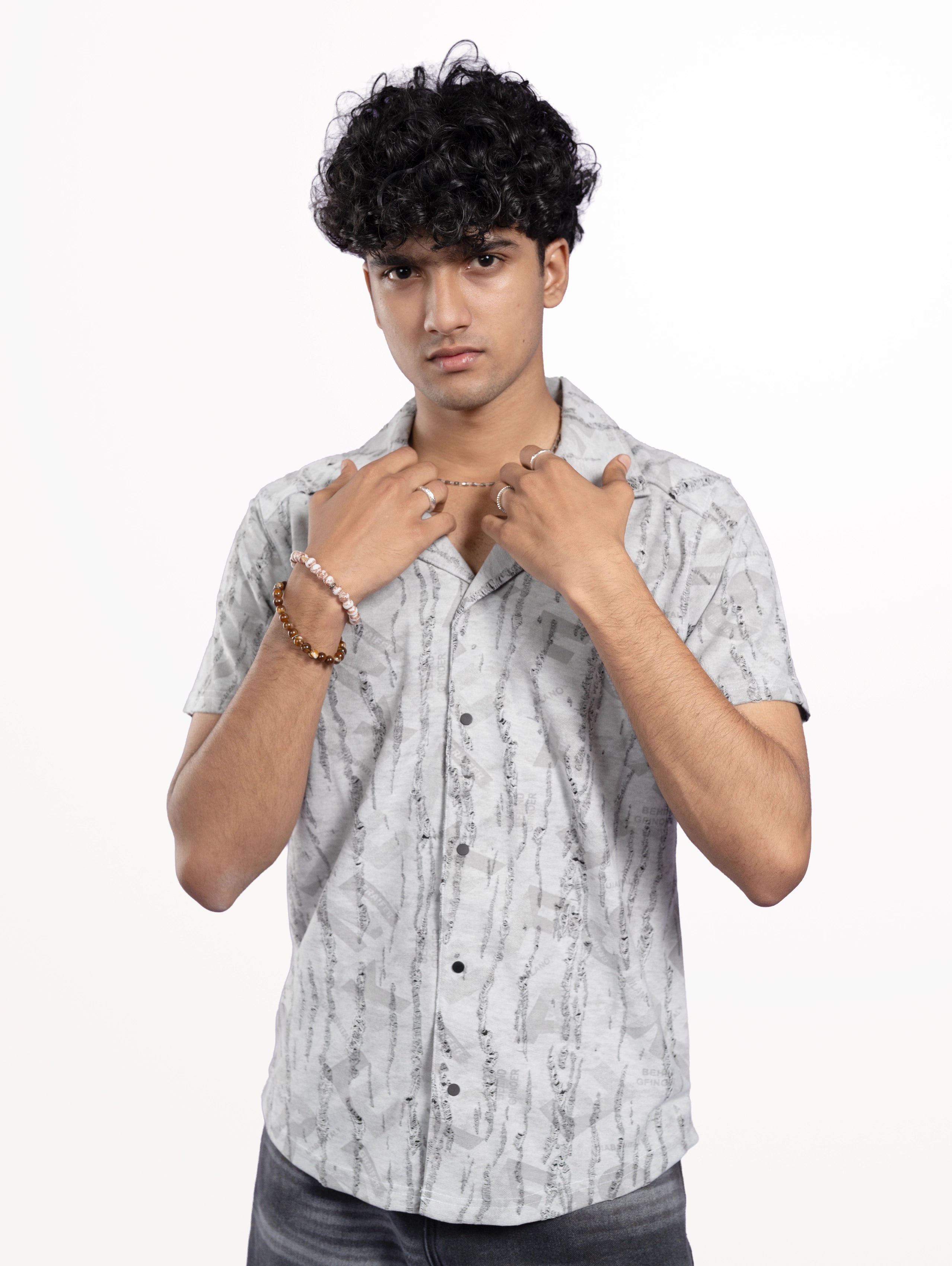 Men's Rugs Printed Cuban Collar Shirt - Grey