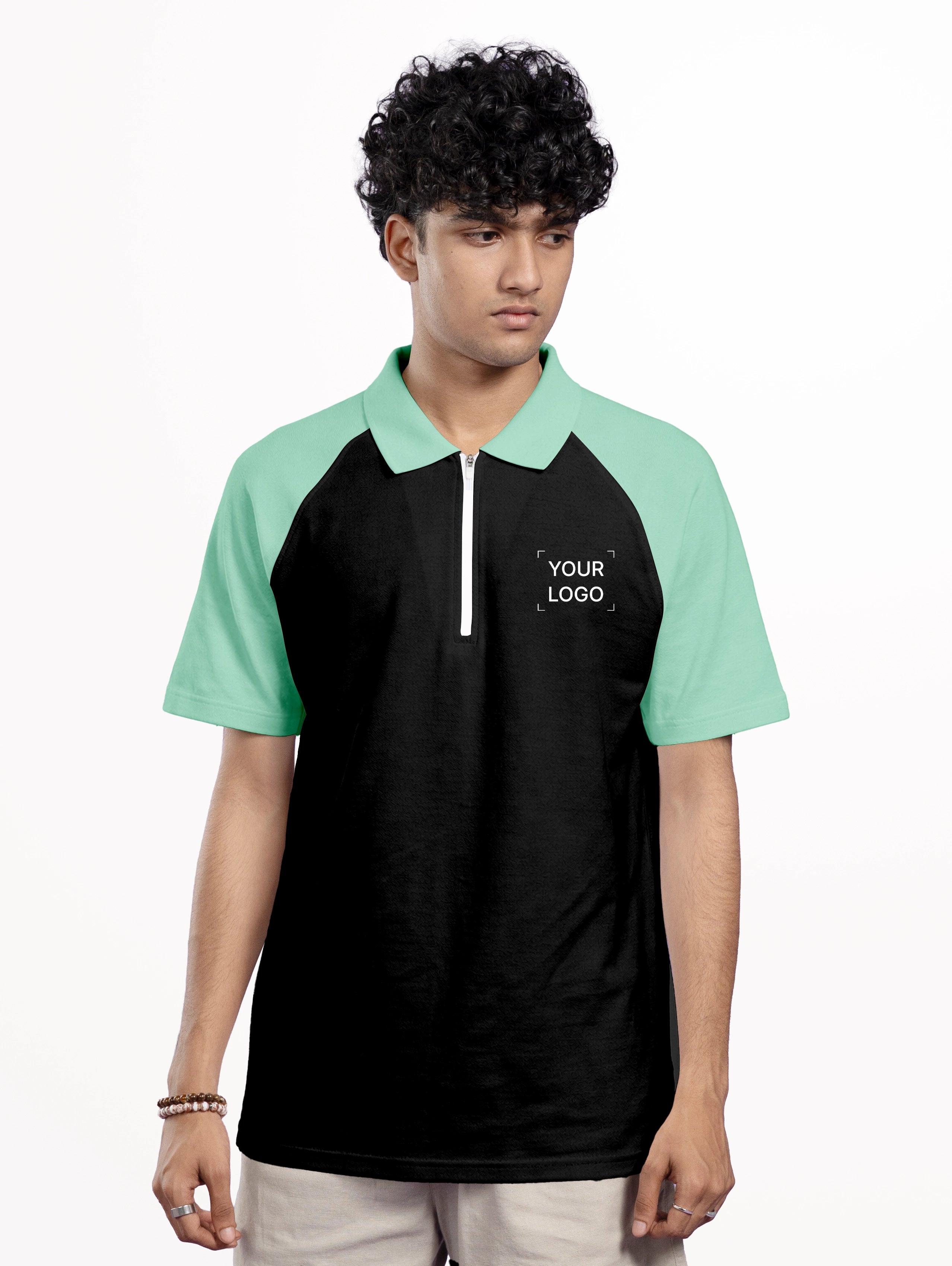Men's Cotton Raglan Sleeve Cotton Zipper Polo - Black