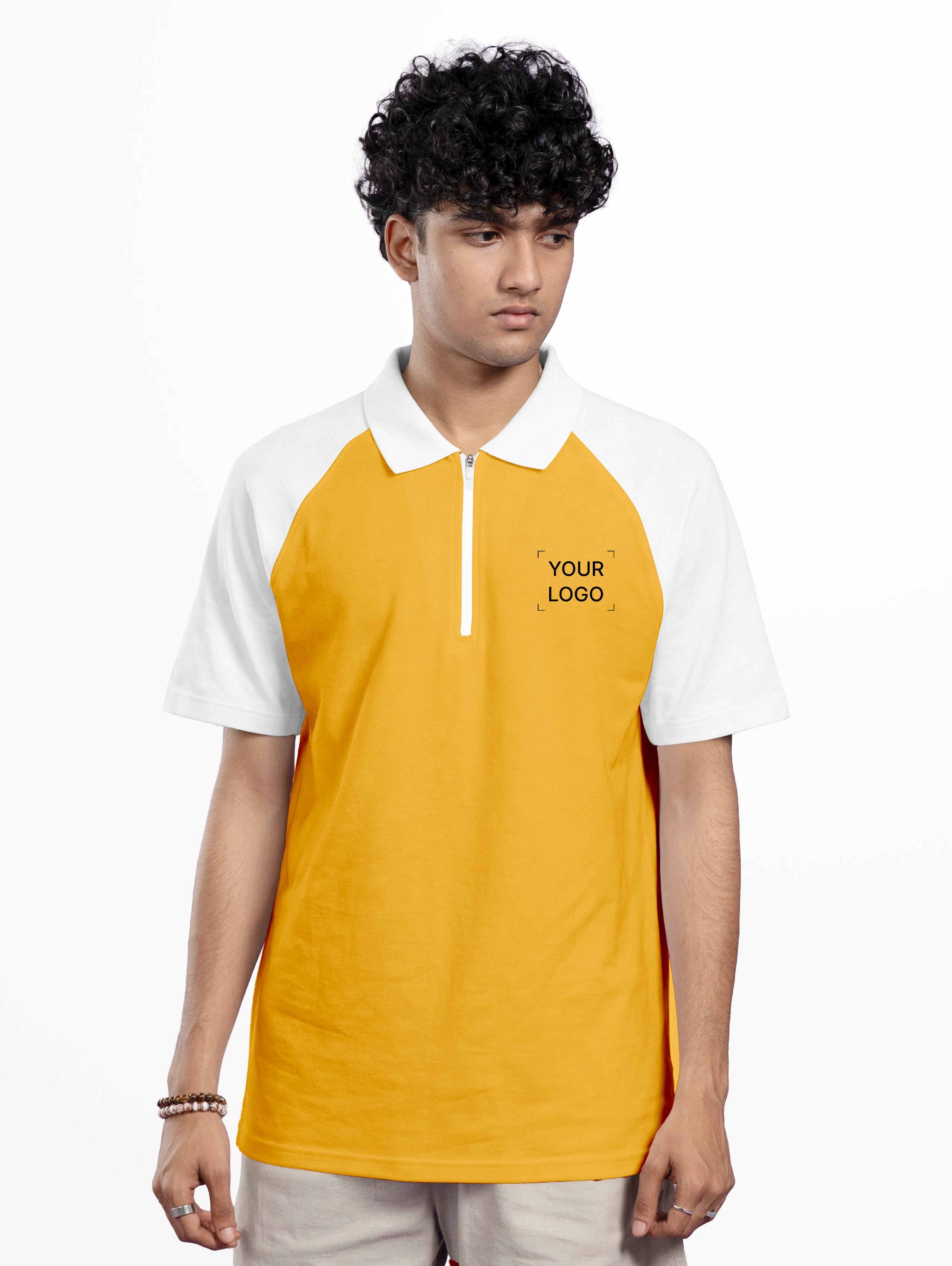 Men's Cotton Raglan Sleeve Cotton Zipper Polo - Mustard Yellow