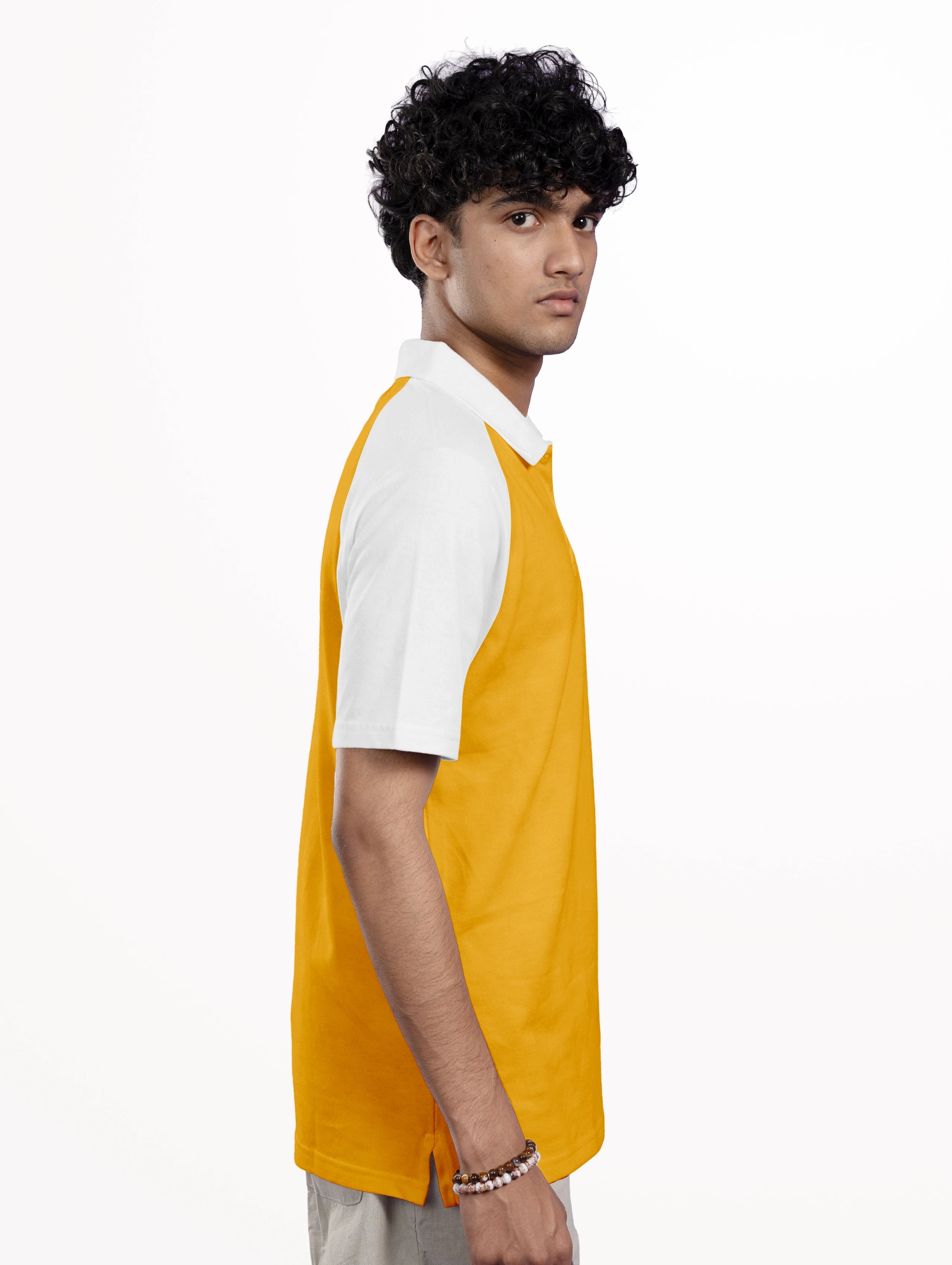 Men's Cotton Raglan Sleeve Cotton Zipper Polo - Mustard Yellow