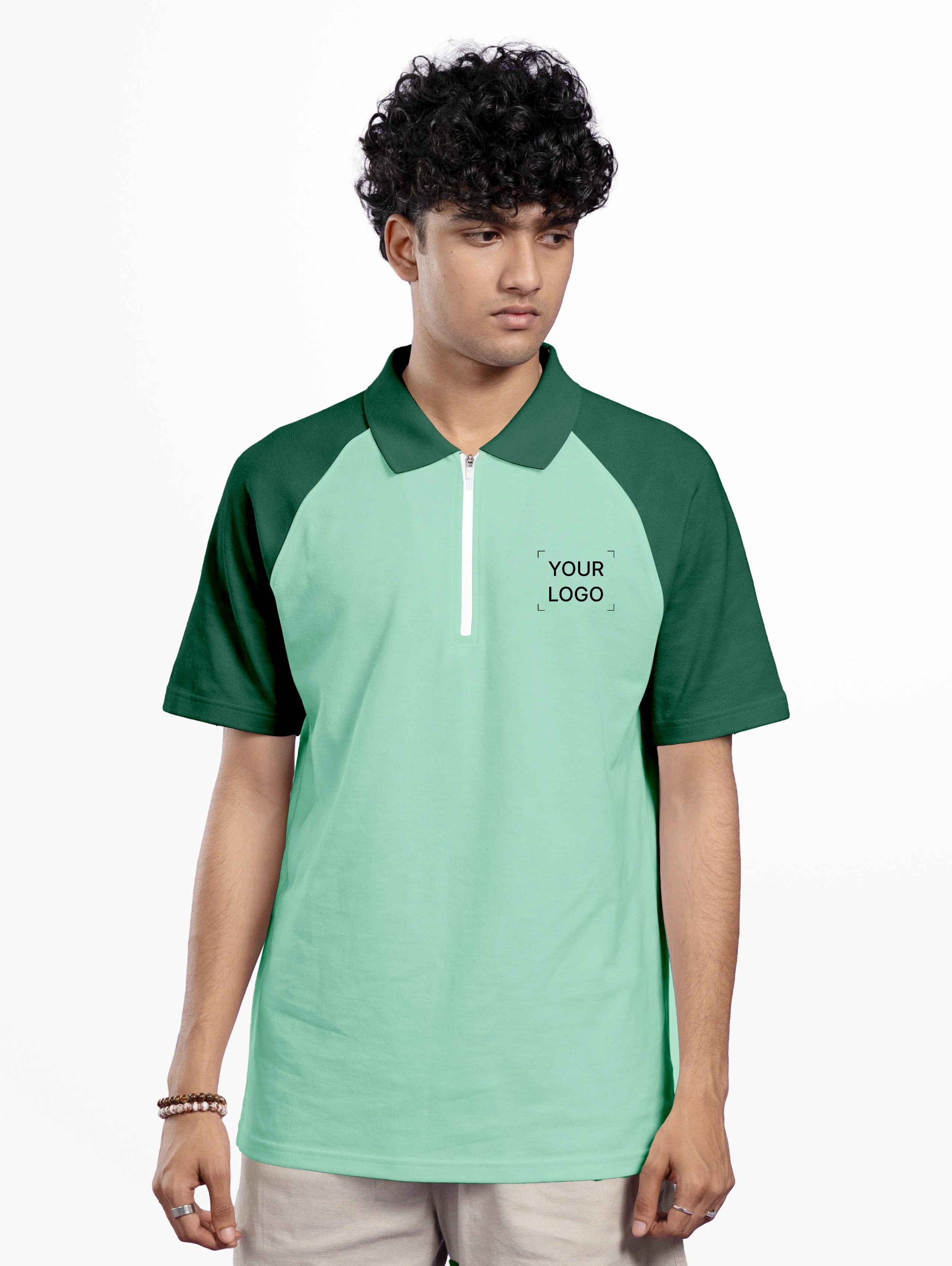 Men's Cotton Raglan Sleeve Cotton Zipper Polo - Pista Green