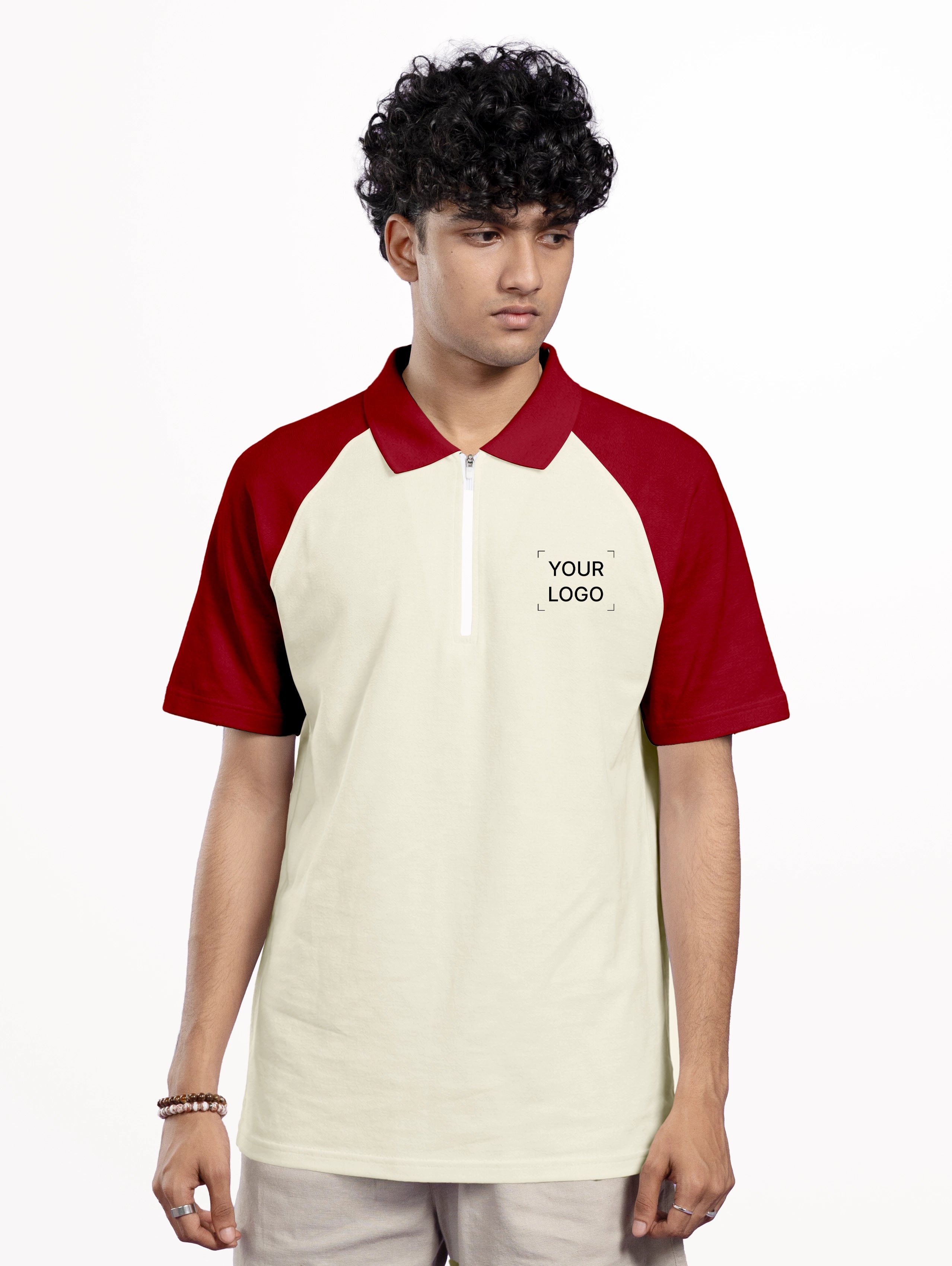 Men's Cotton Raglan Sleeve Cotton Zipper Polo - Skin