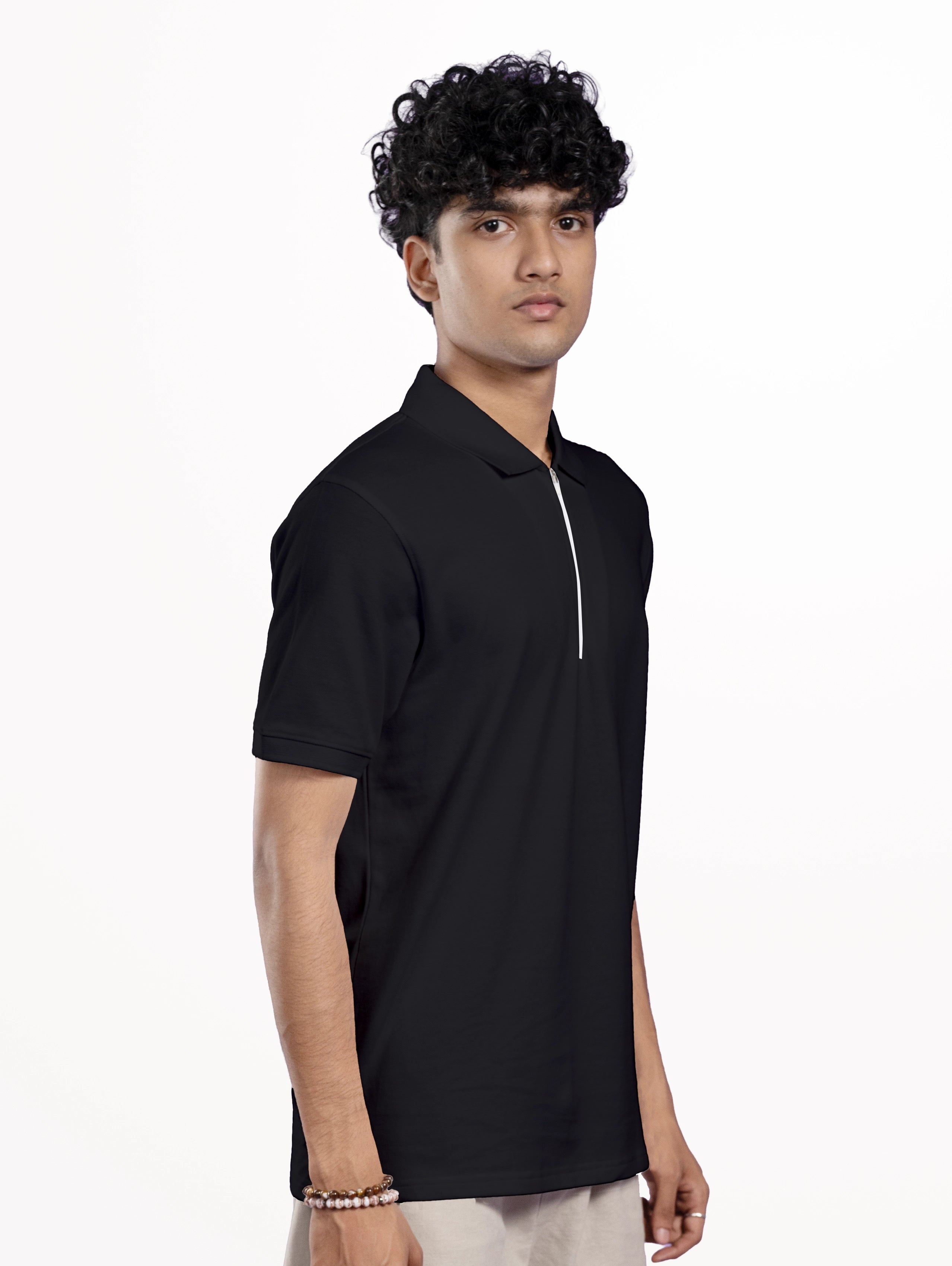 Men's Cotton Zipper Polo - Black