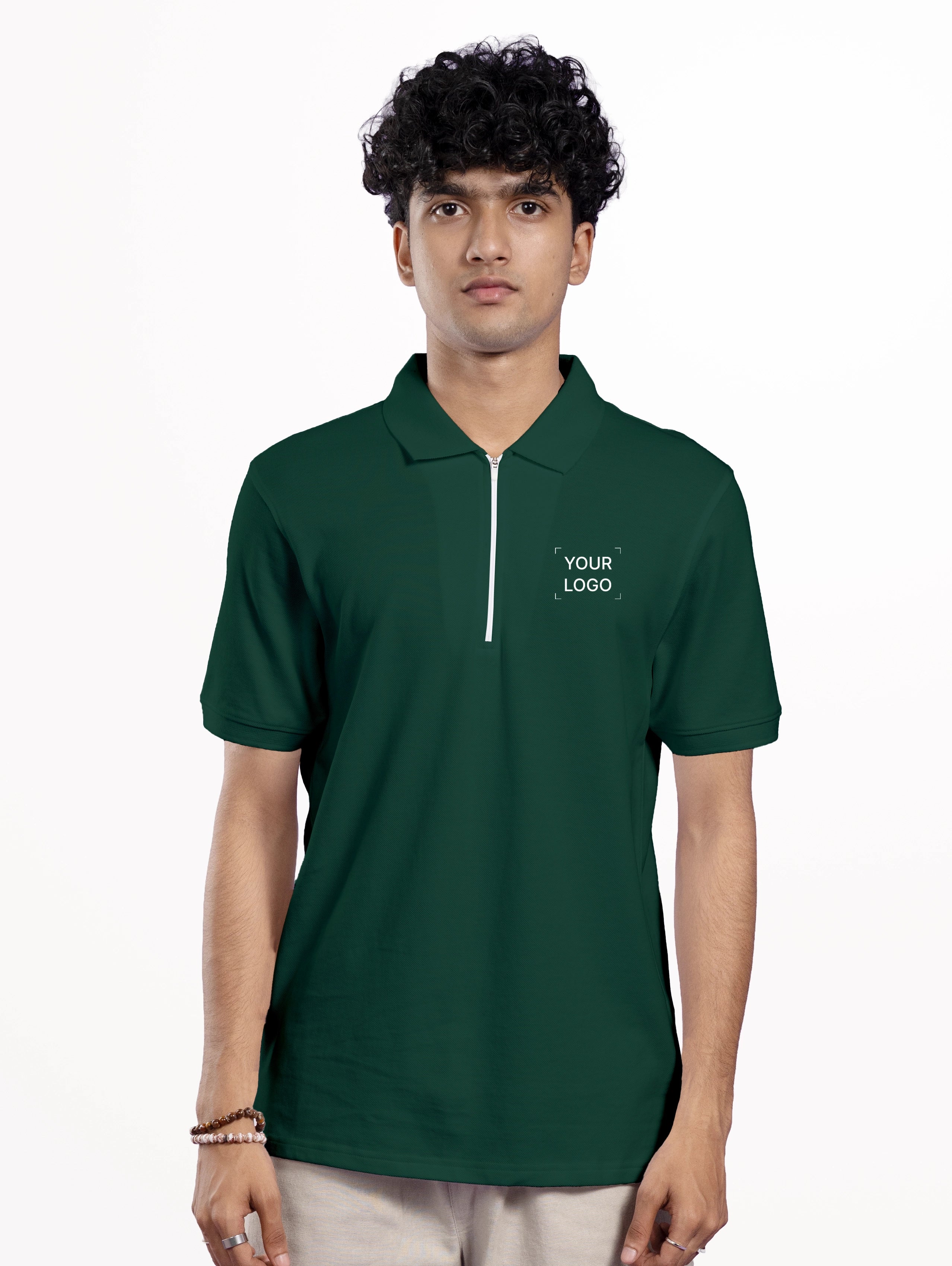 Men's Cotton Zipper Polo - Bottle Green