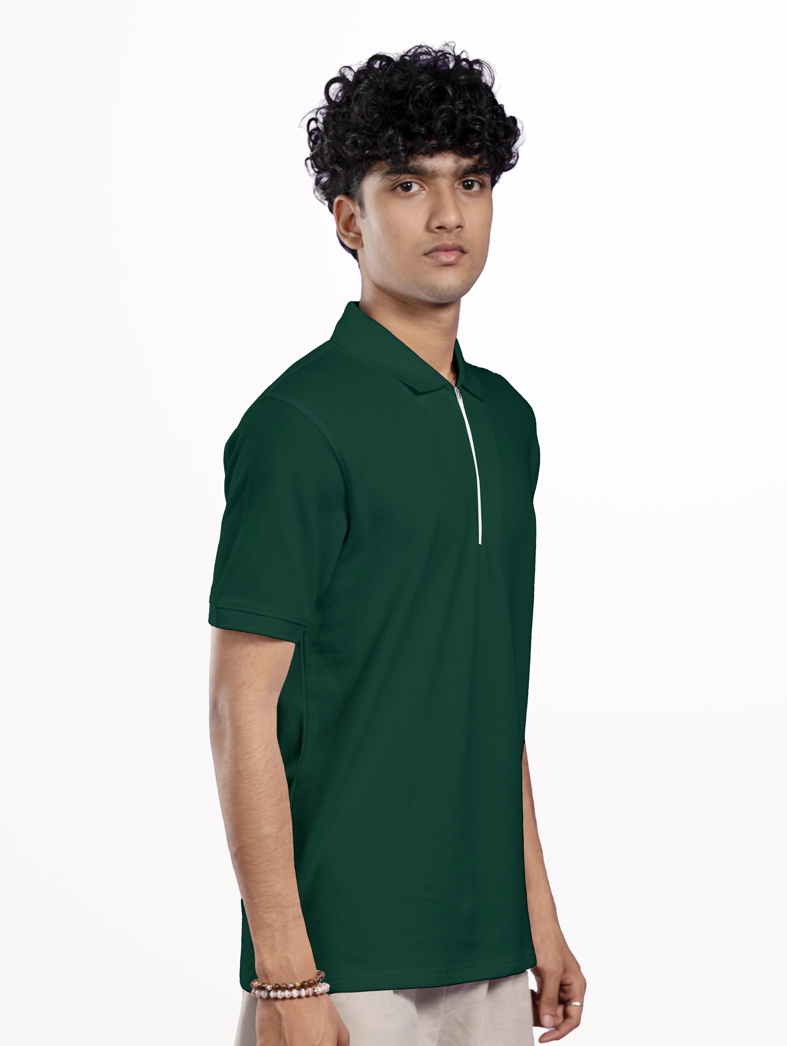 Men's Cotton Zipper Polo - Bottle Green