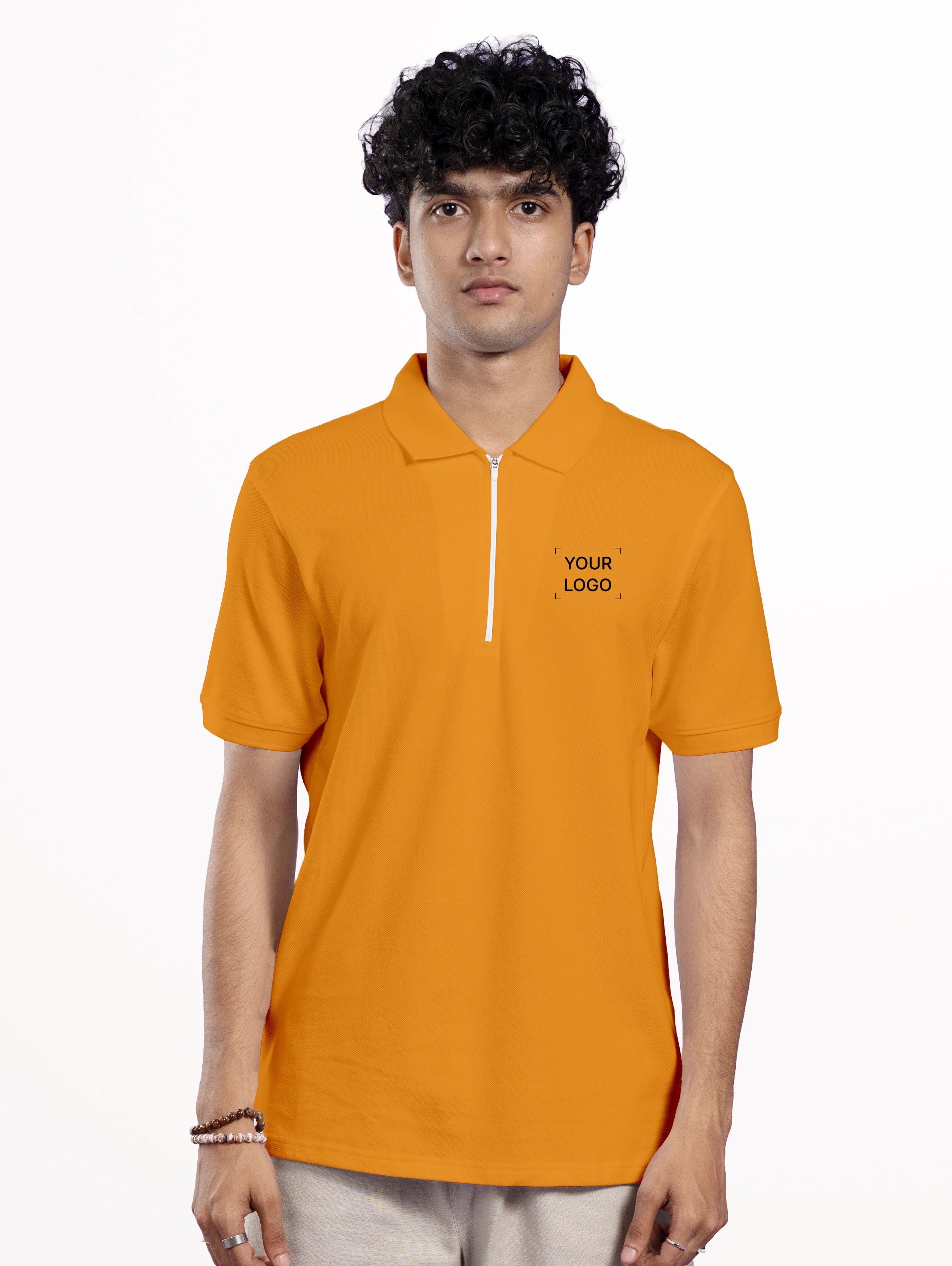 Men's Cotton Zipper Polo - Mustard Yellow
