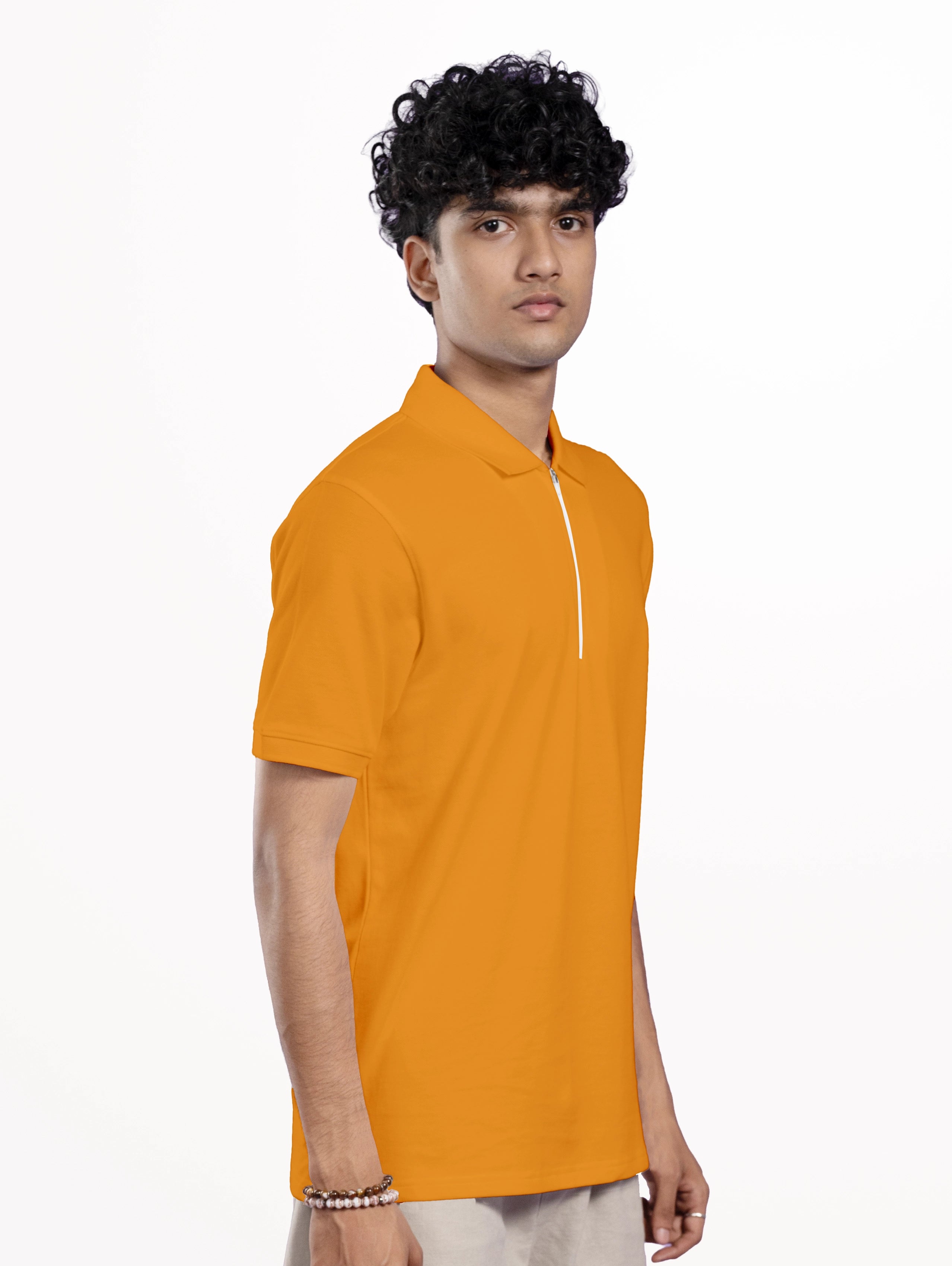 Men's Cotton Zipper Polo - Mustard Yellow