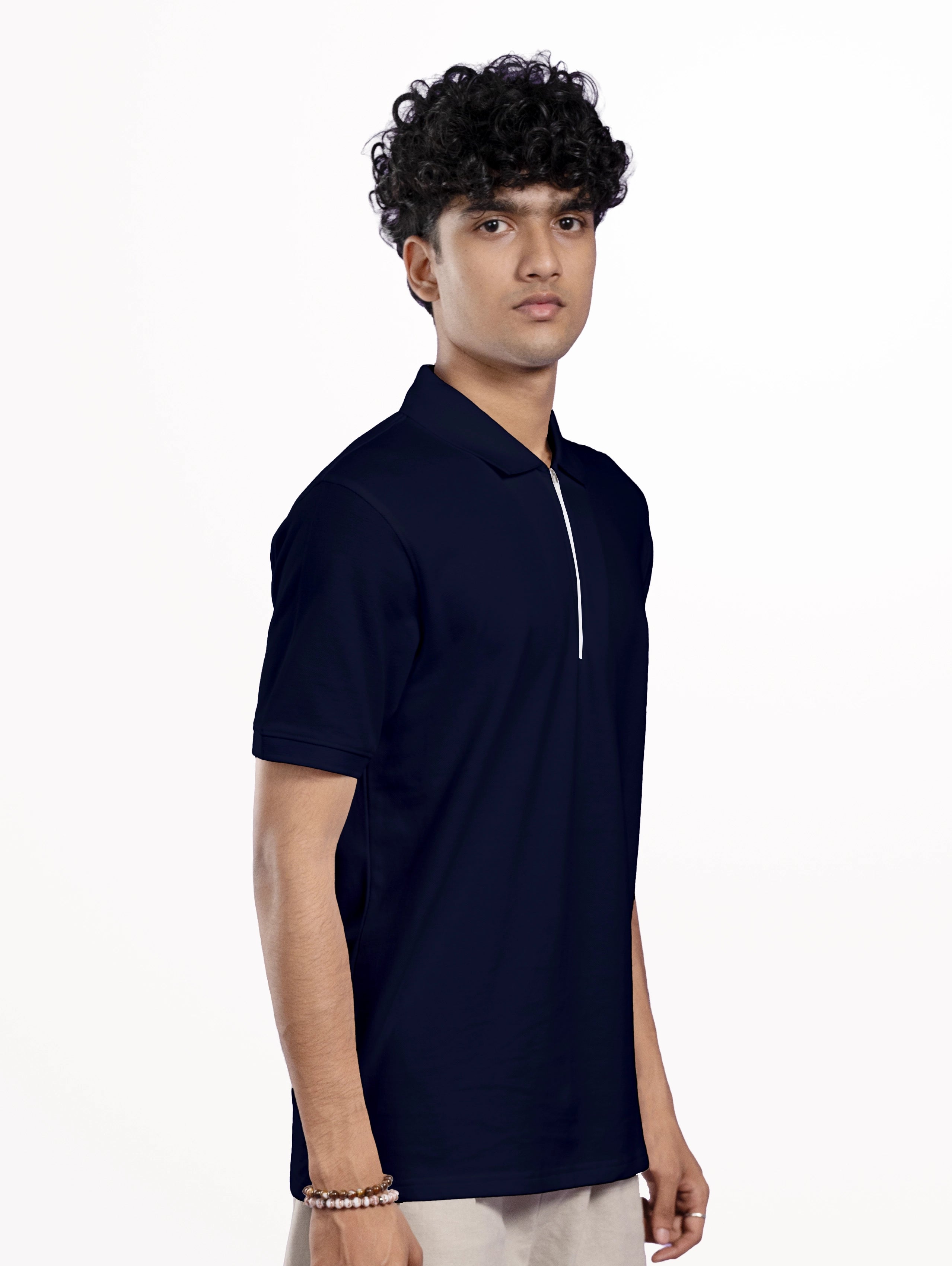 Men's Cotton Zipper Polo - Navy