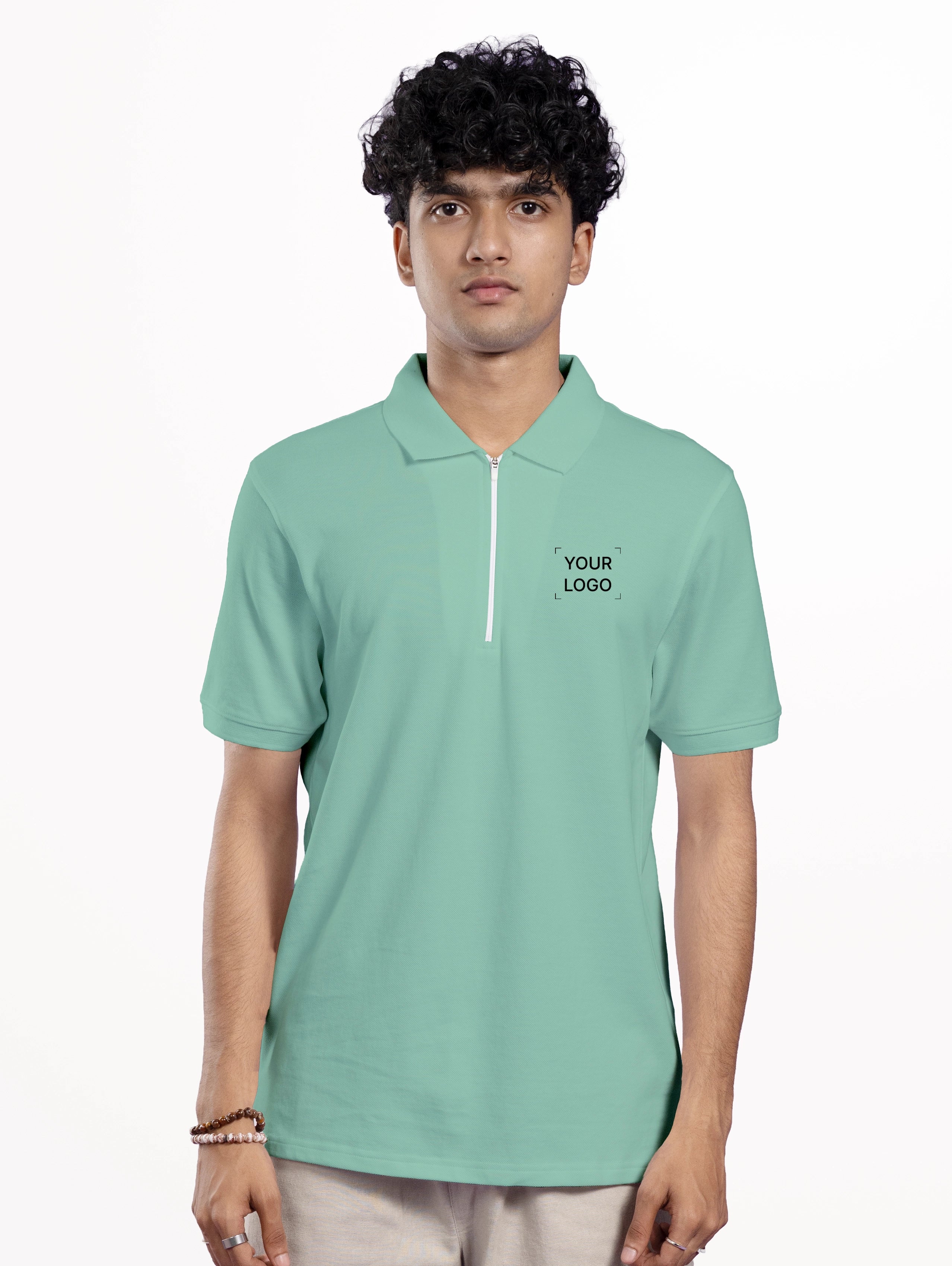 Men's Cotton Zipper Polo - Pista Green
