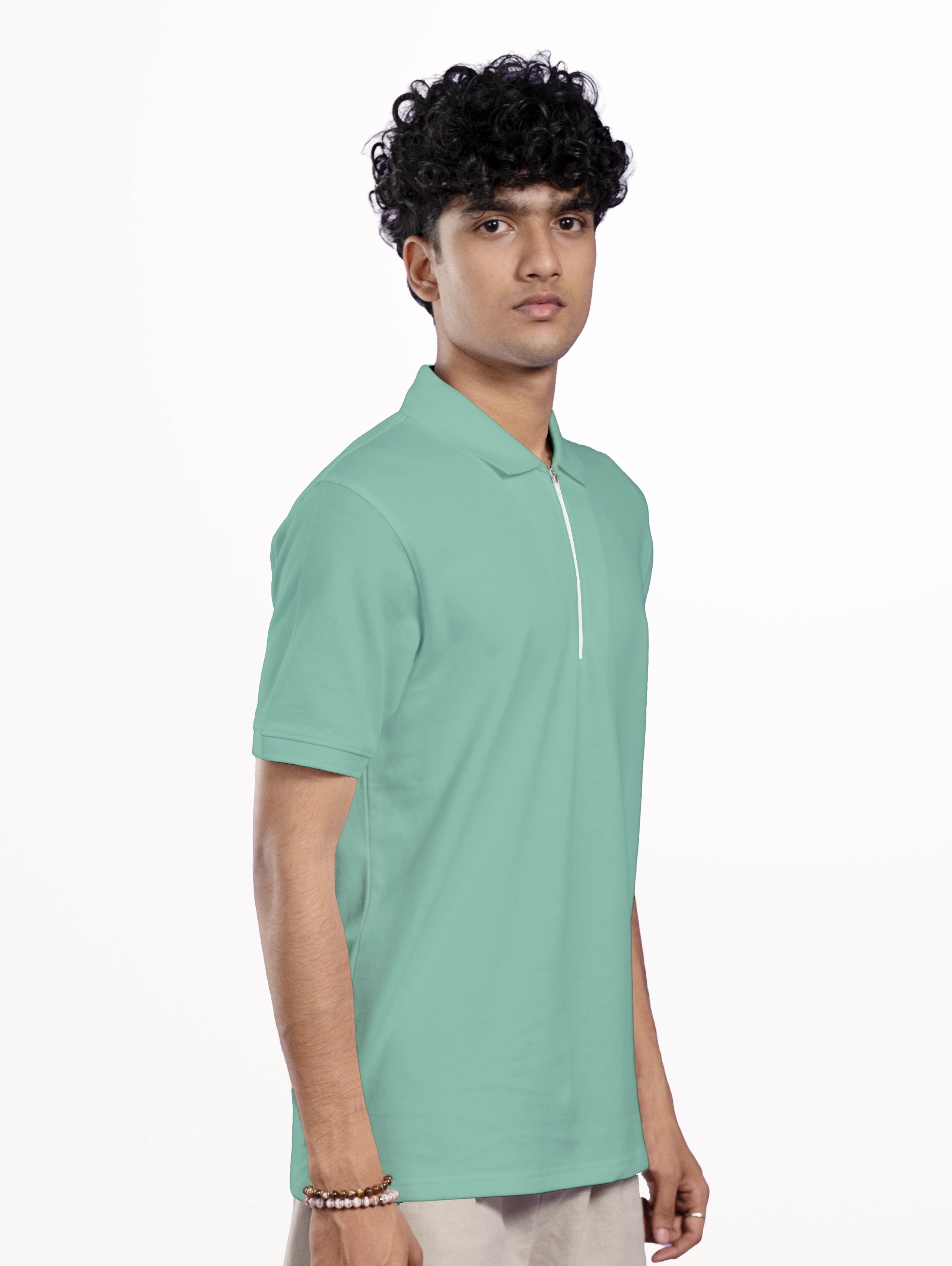Men's Cotton Zipper Polo - Pista Green