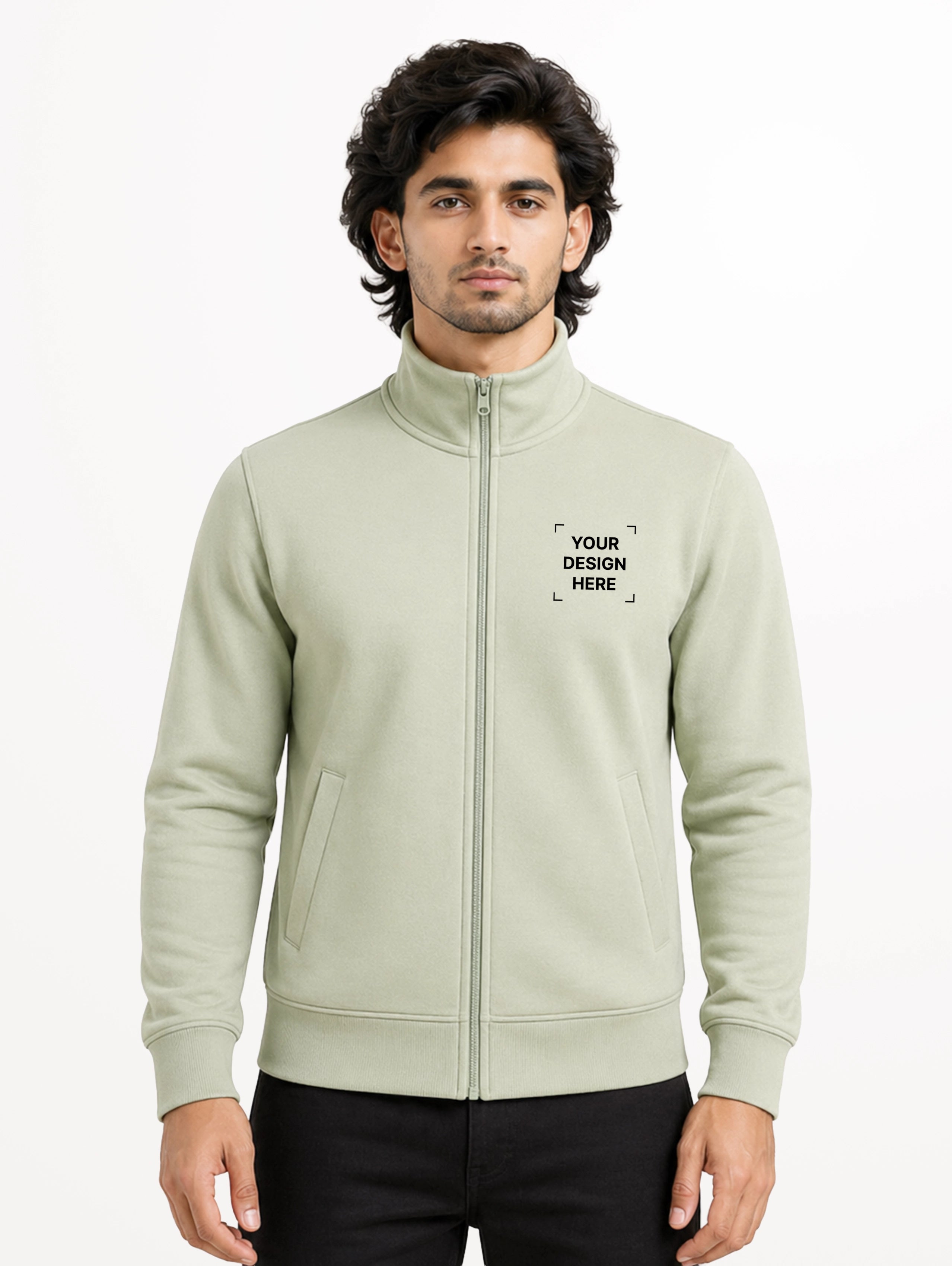 Men's High Neck French Terry Full Sleeve Jacket - Pista