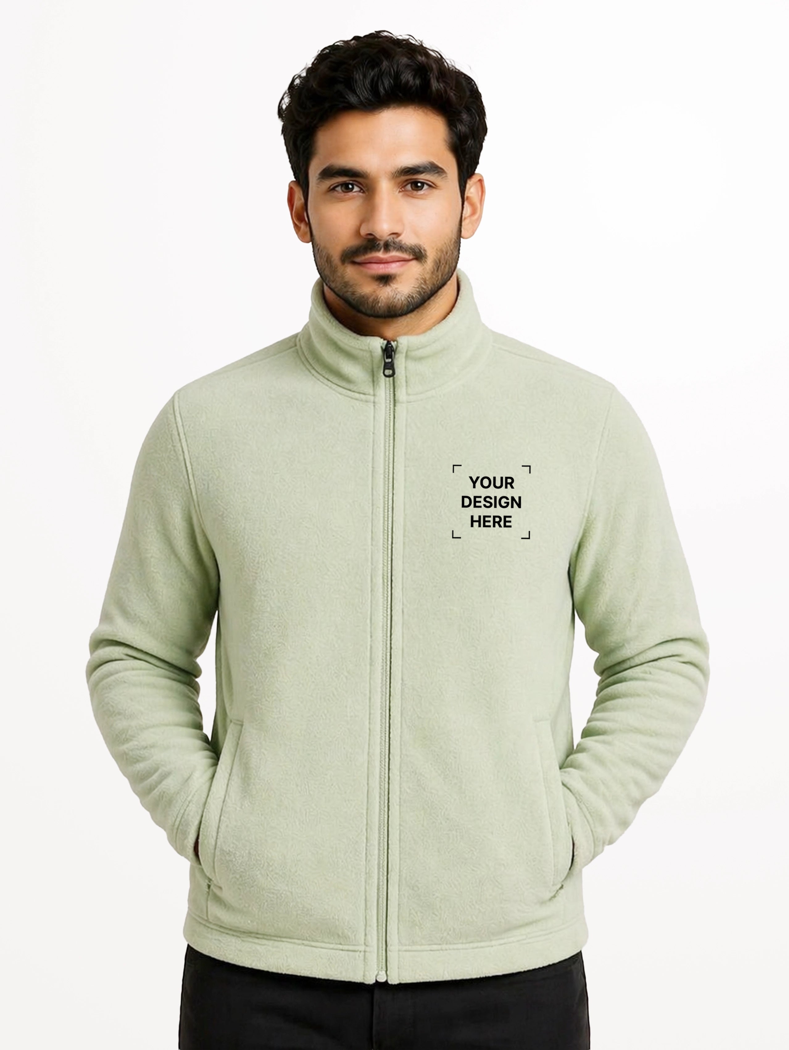 Men's High Neck Zip-Up Full Sleeve Jacket - Light Green