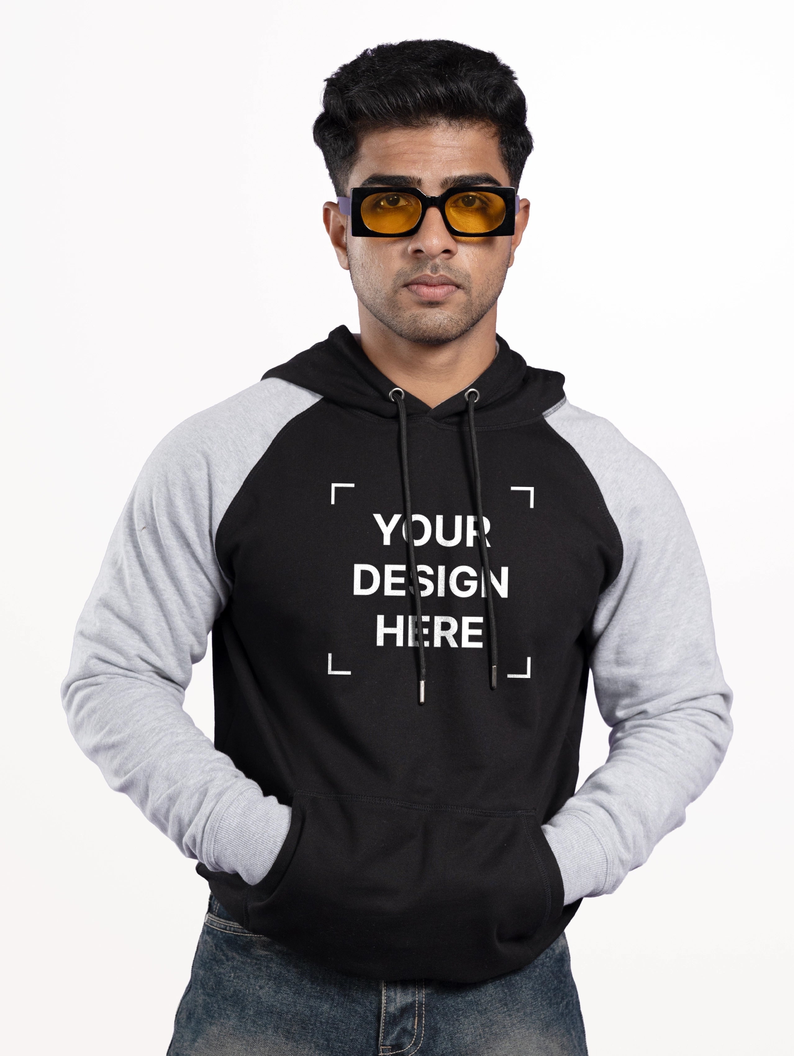 Men's Raglan Sleeve Cotton Pullover Hoodie - Black
