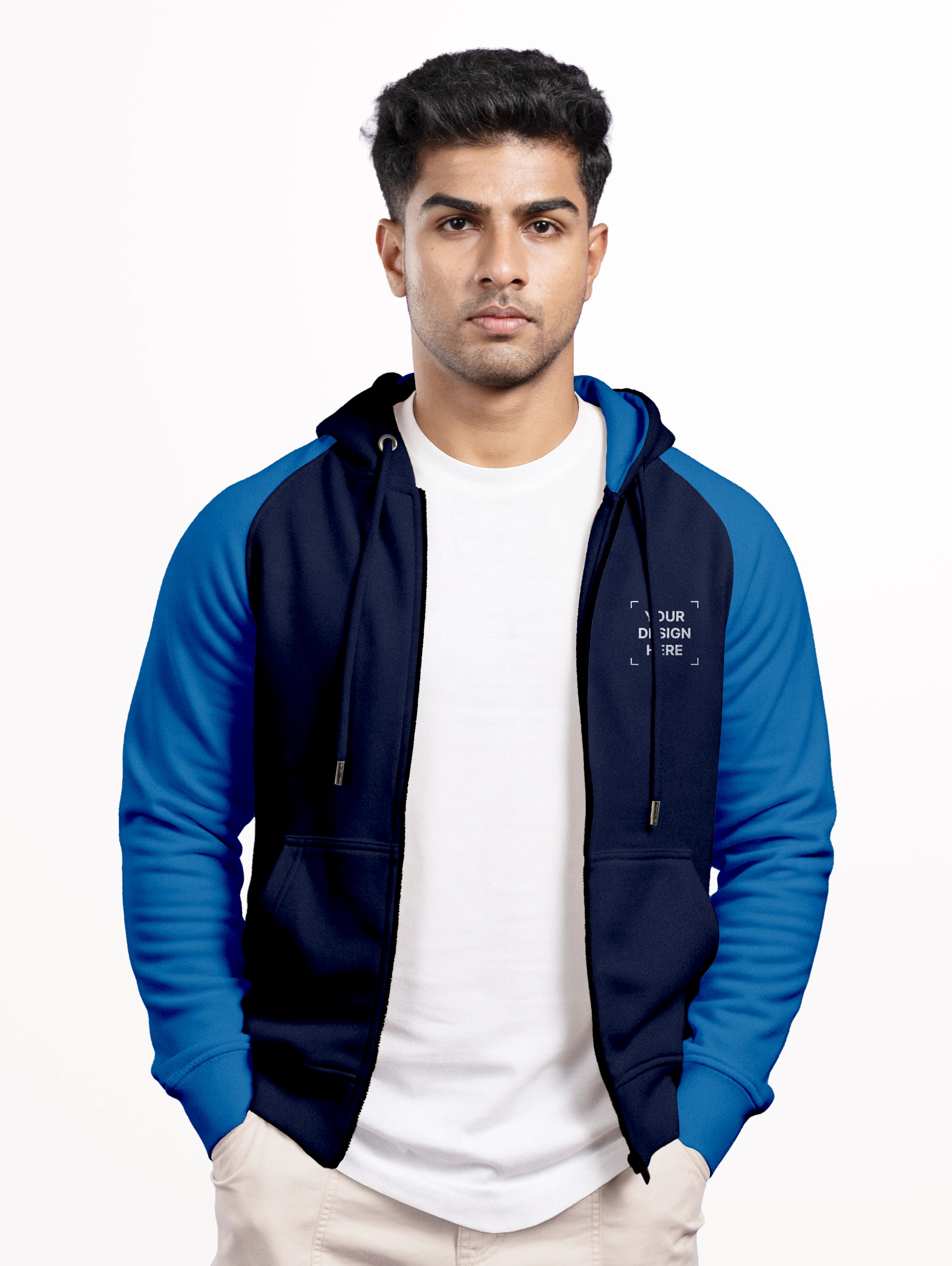 Men's Raglan Sleeve Blend Zipper Hoodie - Navy Blue