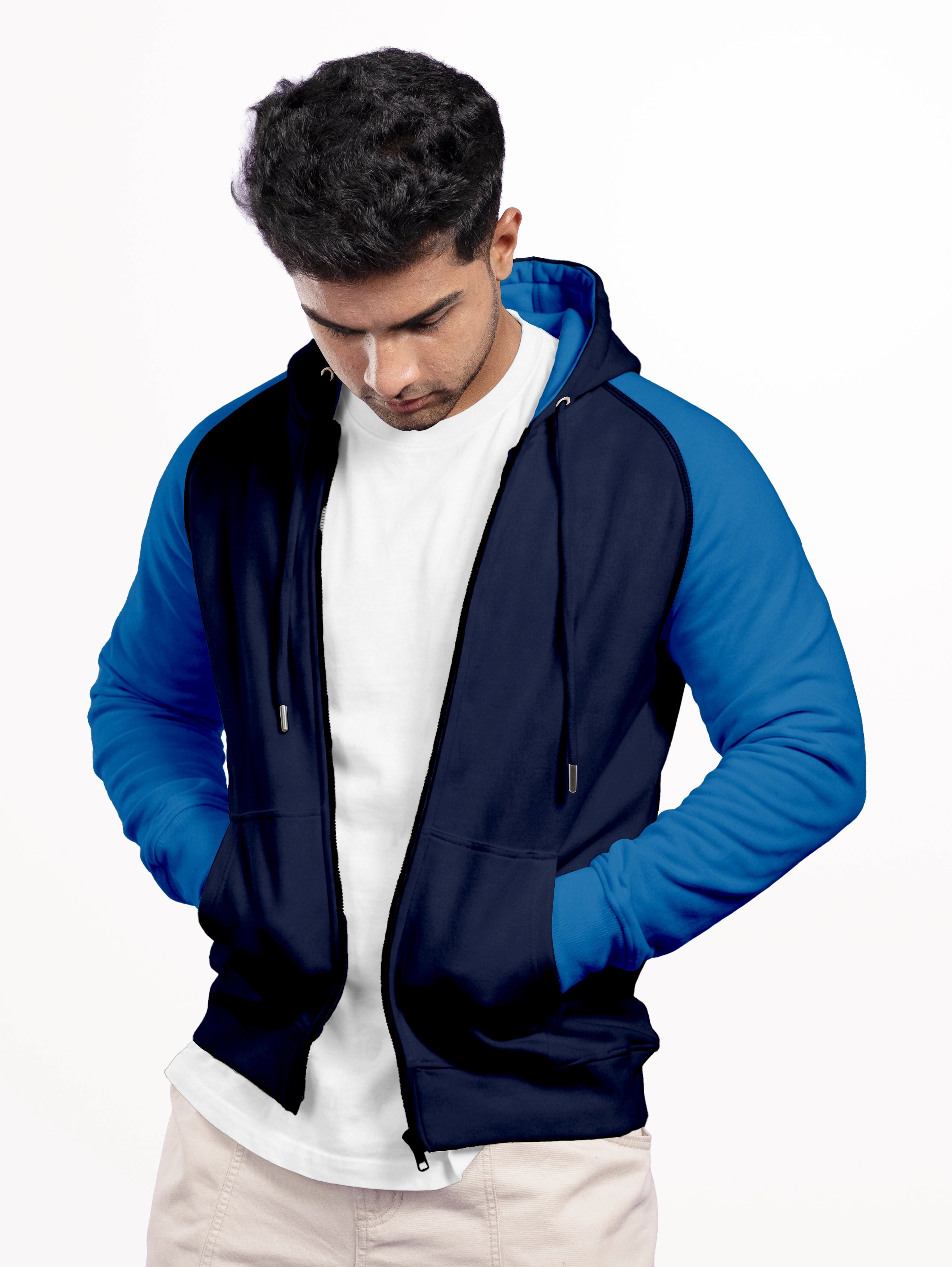 Men's Raglan Sleeve Blend Zipper Hoodie - Navy Blue