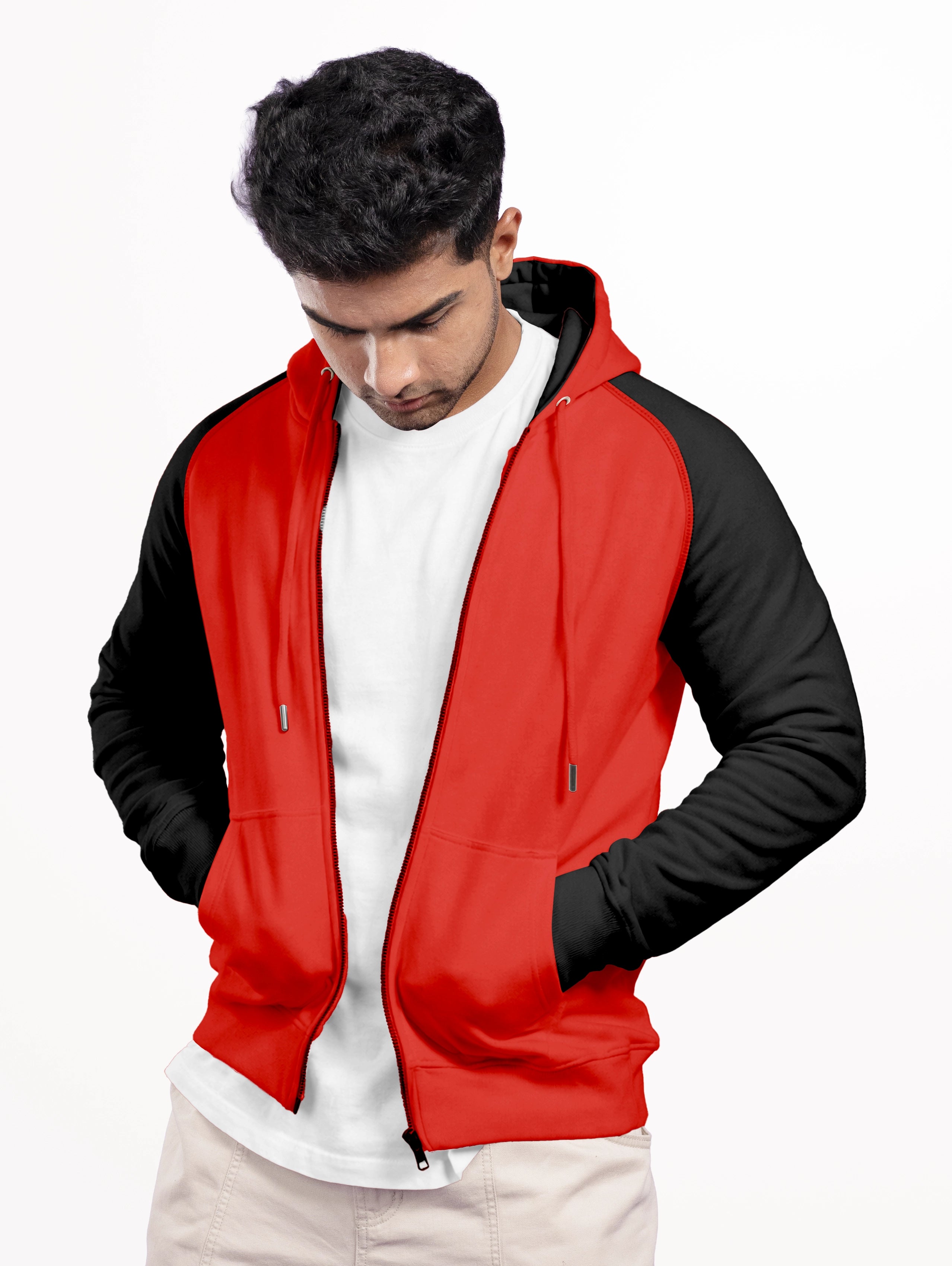 Men's Raglan Sleeve Blend Zipper Hoodie - Red