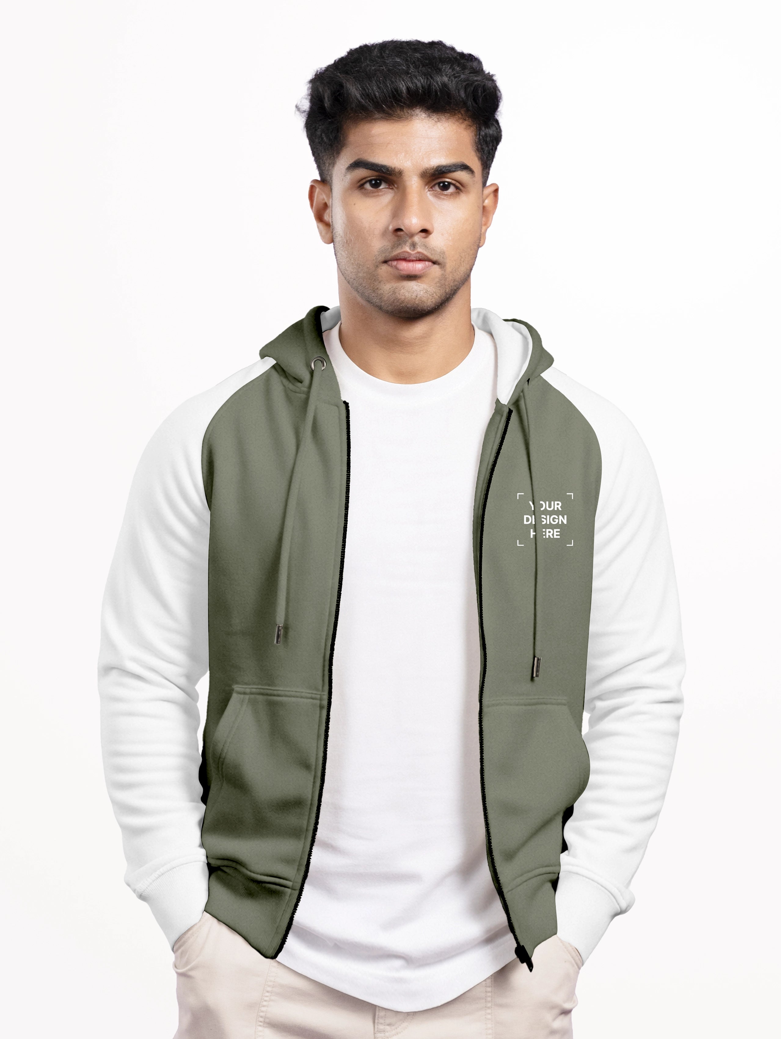 Men's Raglan Sleeve Blend Zipper Hoodie - Sage Green