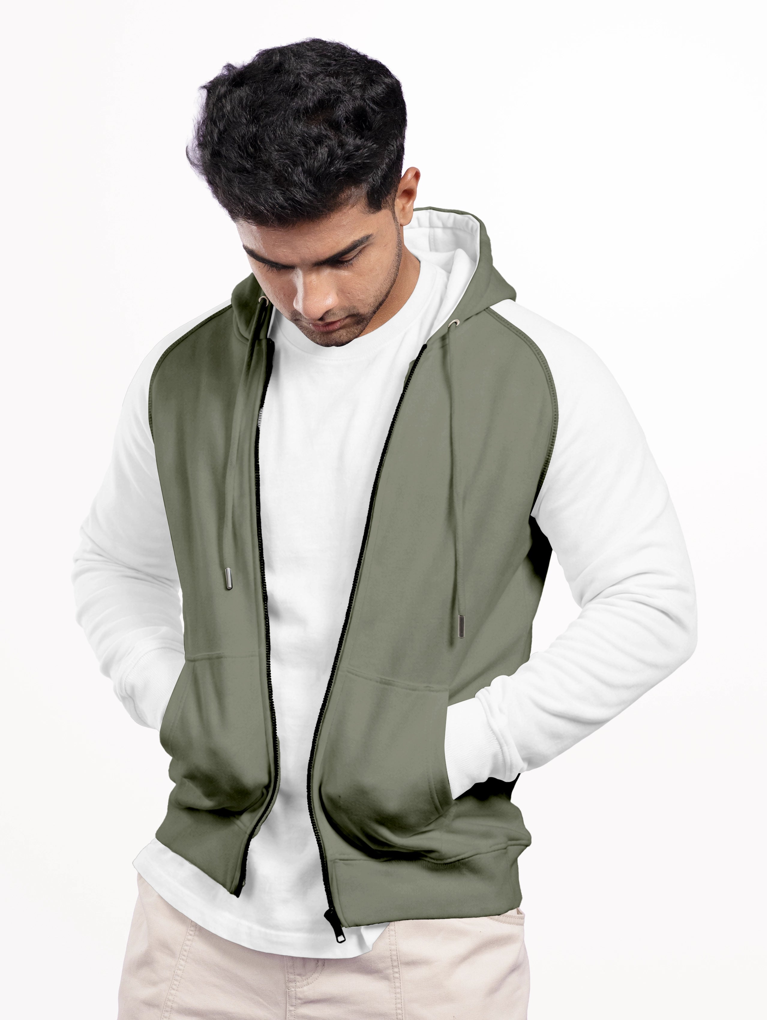 Men's Raglan Sleeve Blend Zipper Hoodie - Sage Green