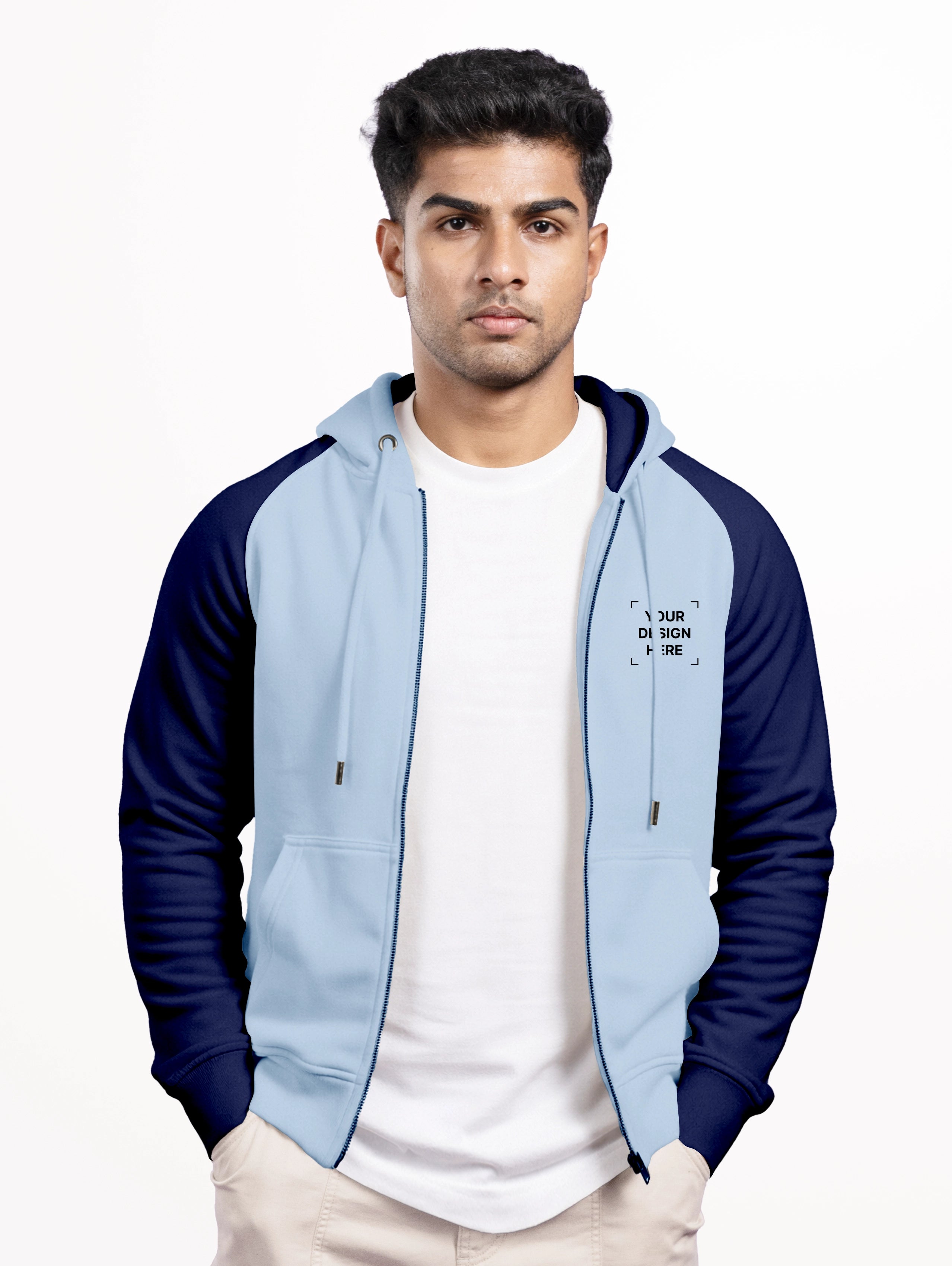 Men's Raglan Sleeve Blend Zipper Hoodie - Sky Blue