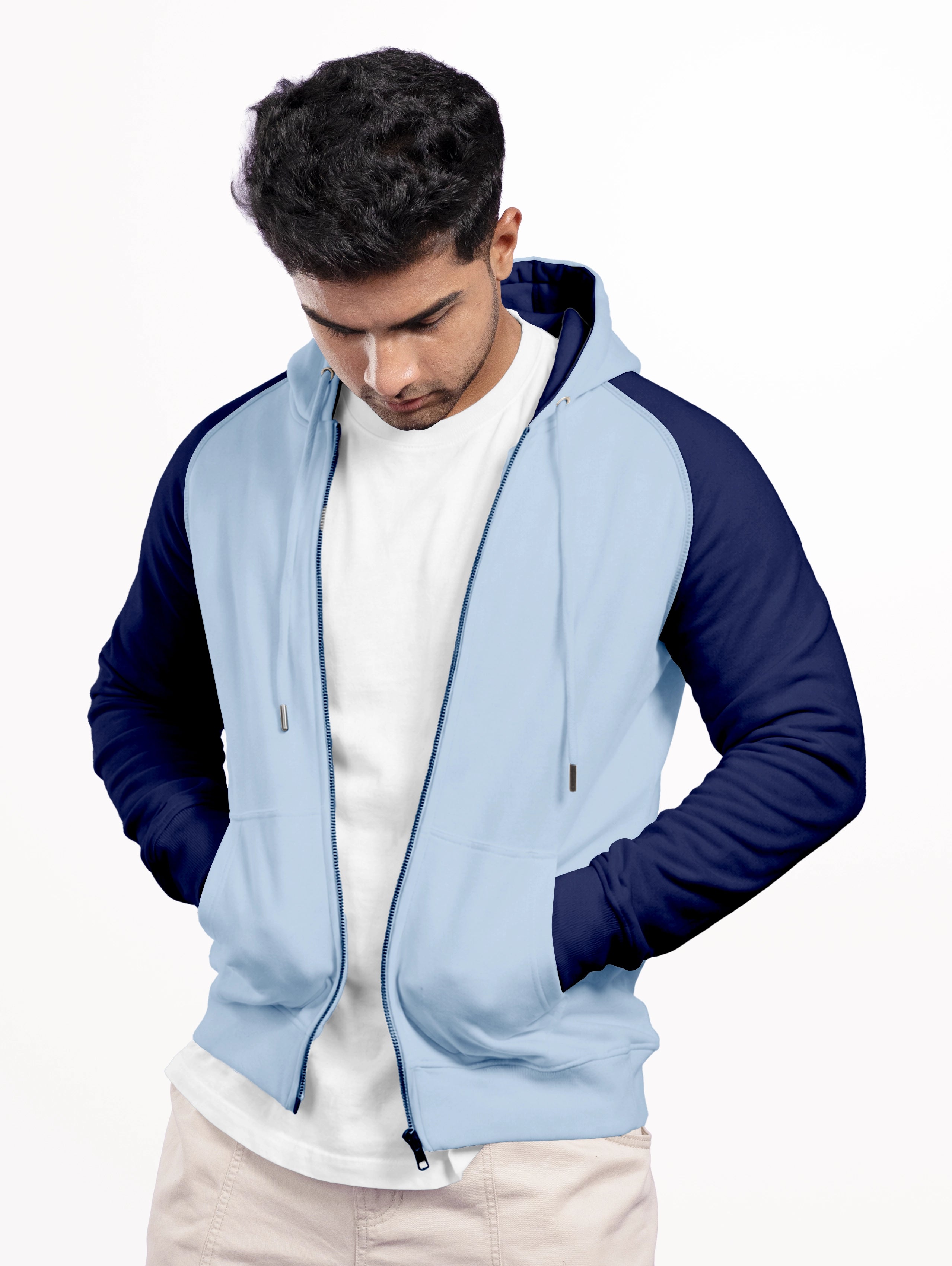 Men's Raglan Sleeve Blend Zipper Hoodie - Sky Blue