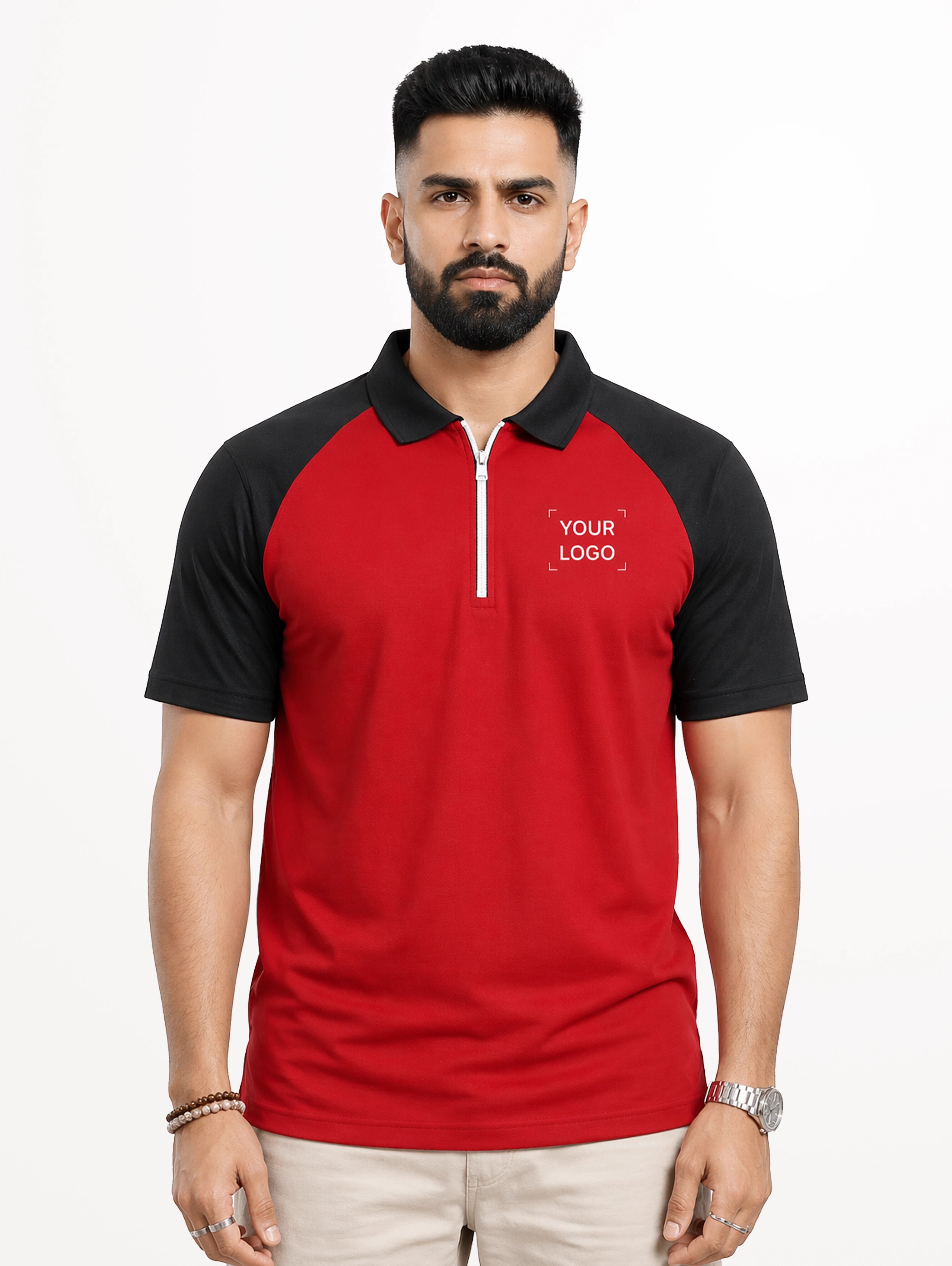 Men's Raglan Sleeve Performance Zipper Polo - Fiery Red