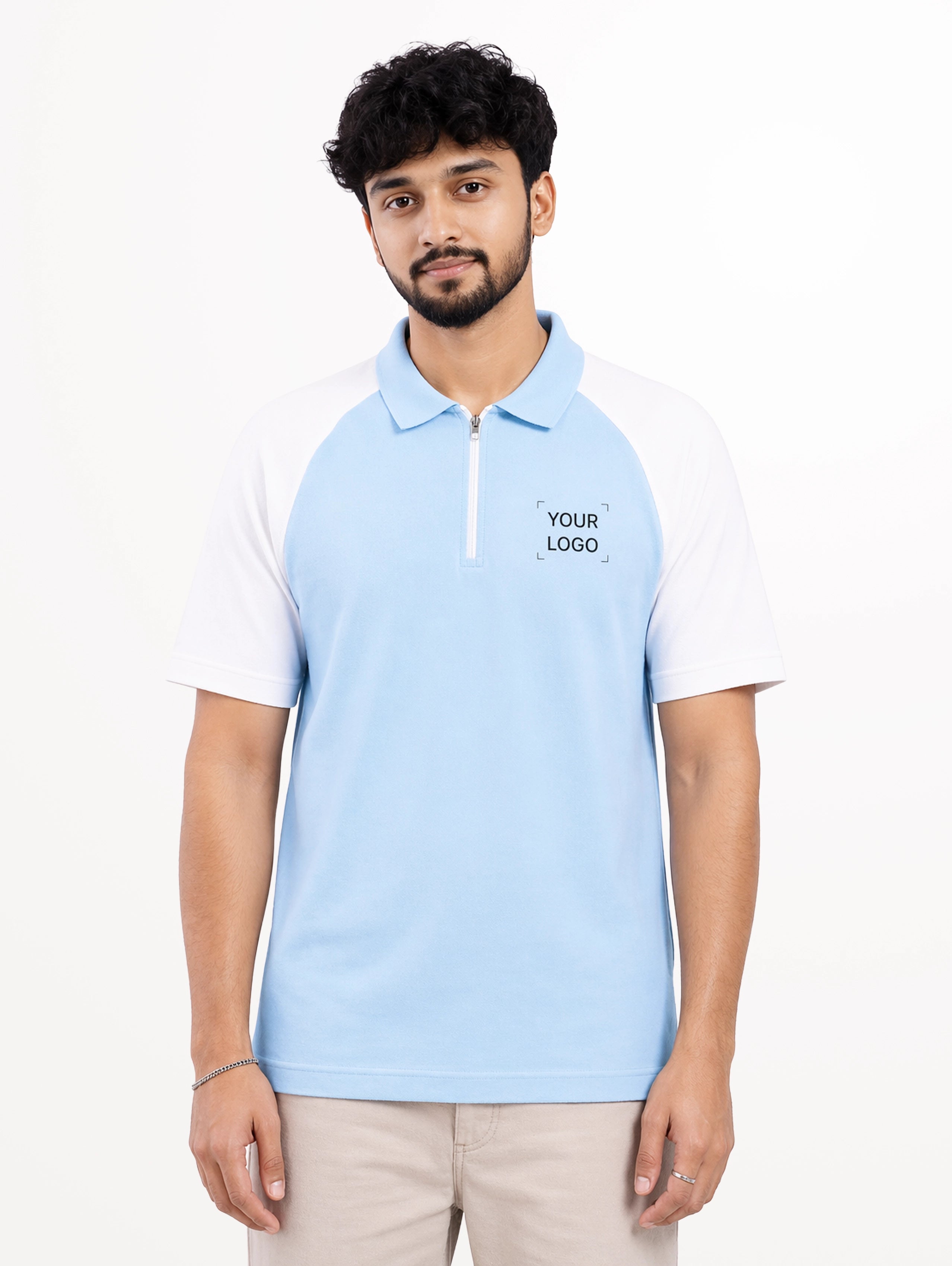 Men's Raglan Sleeve Performance Zipper Polo - Sky Blue