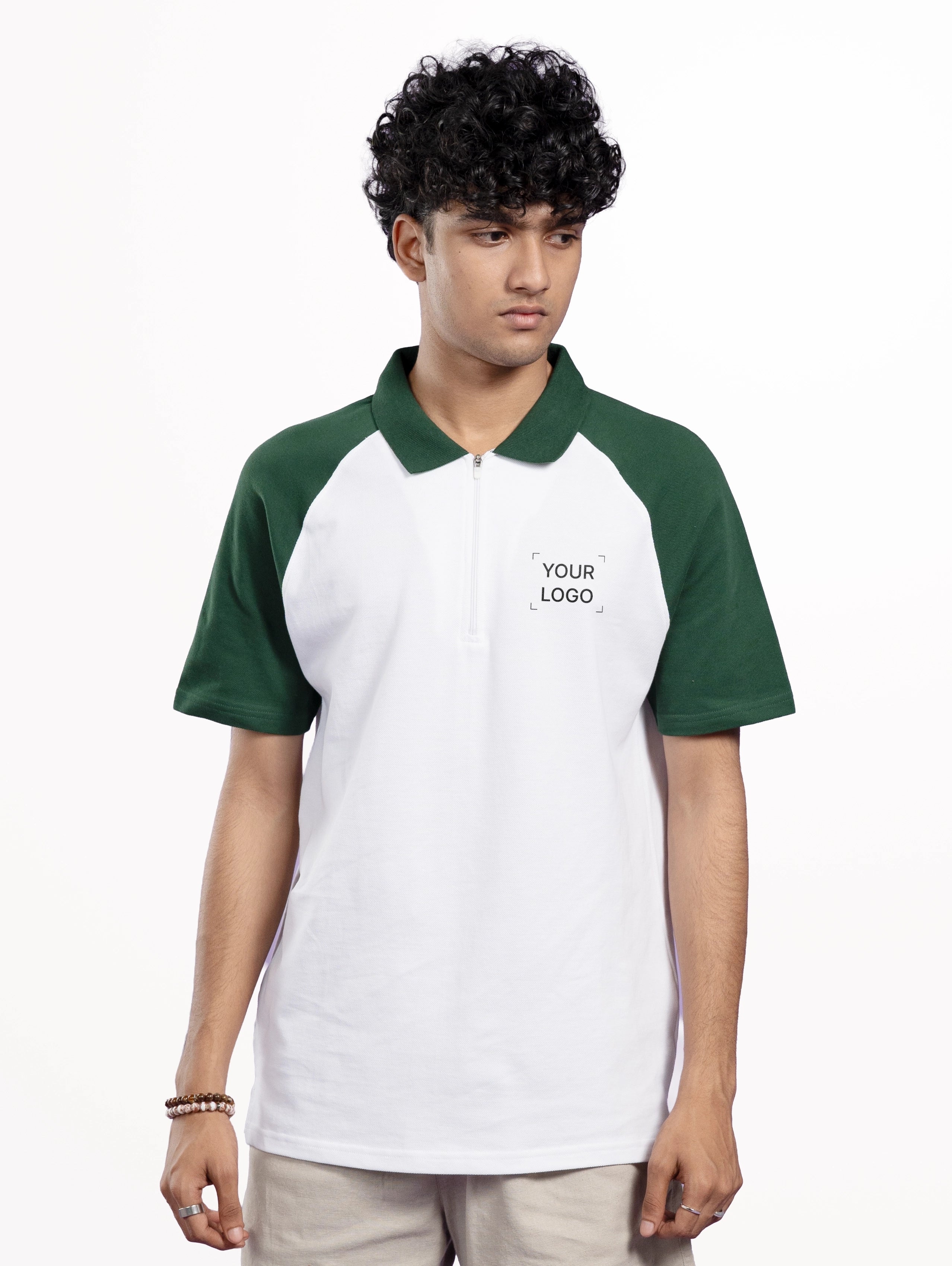 Men's Cotton Raglan Sleeve Cotton Zipper Polo - White