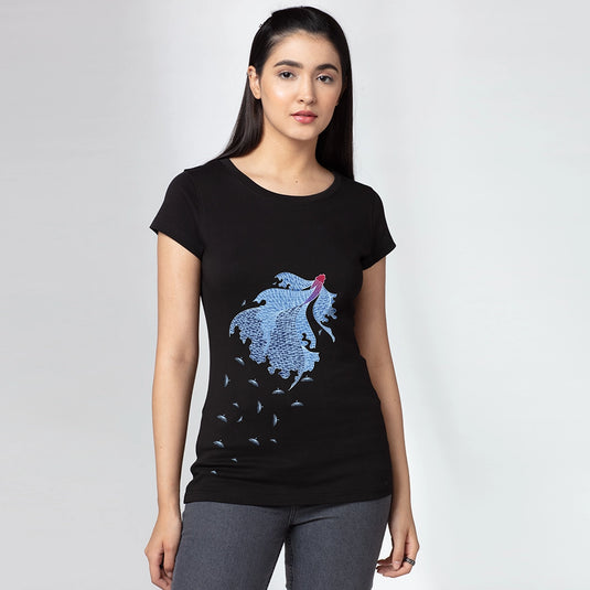 Milkweed Beta Fish Black Graphic Printed T-Shirt for Women