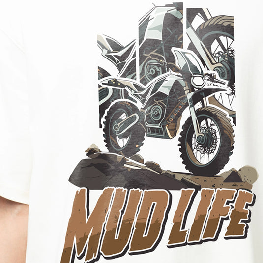 Mud Life Bike Printed Oversized White T-Shirt for Men