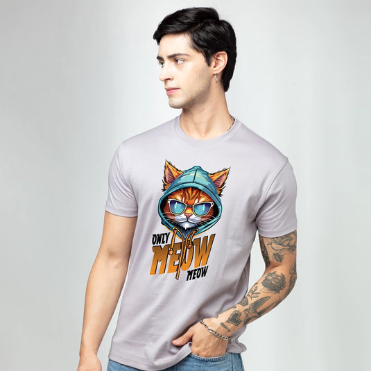 Only Meow Men's Lavender Printed Round Neck T-Shirt